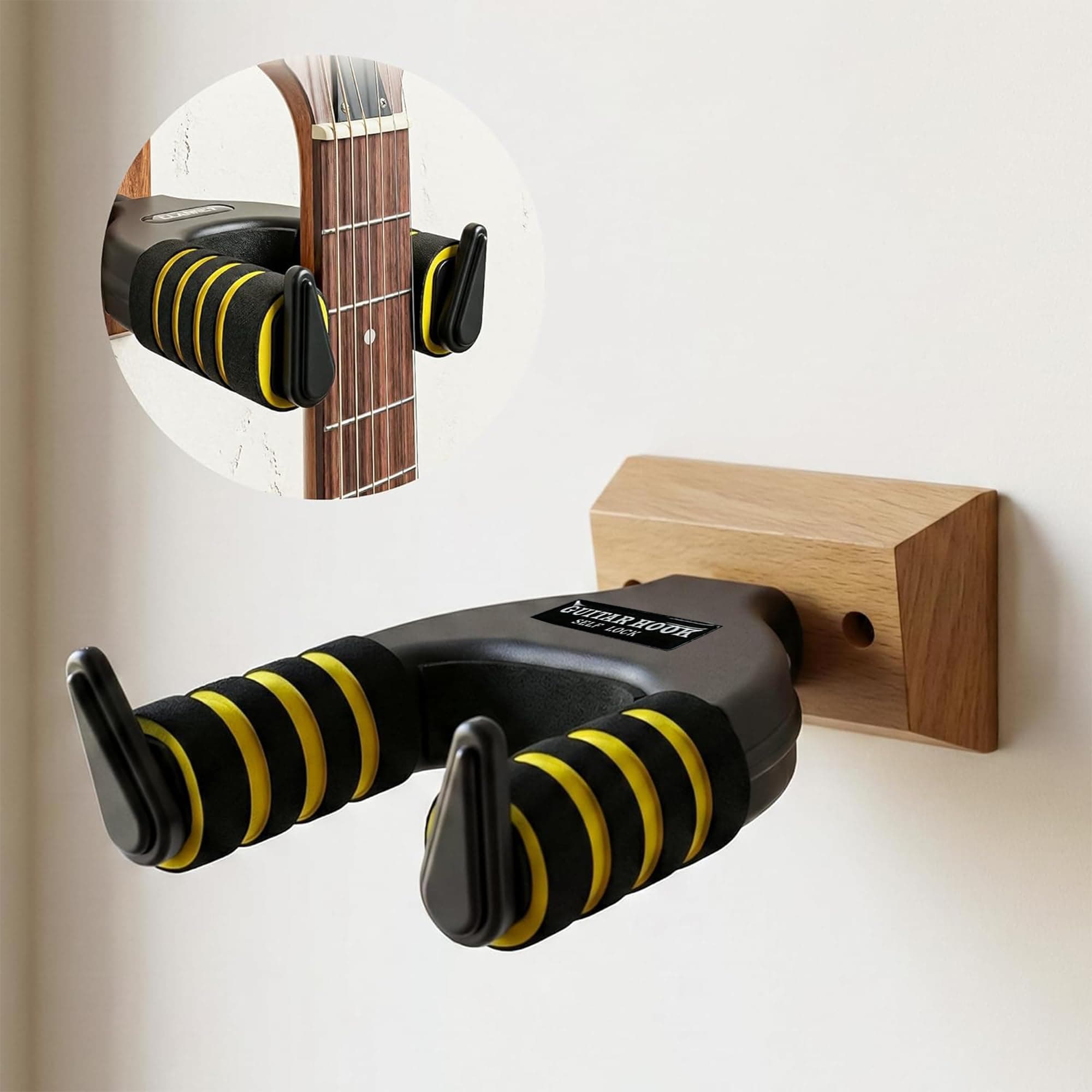 ARCTIC Guitar Hook Self Lock Wall Mount Hanger with Padded Arms, Black and Yellow, Wood Base Holds Upto 11 Kg.(Auto-Lock) (Stylish)