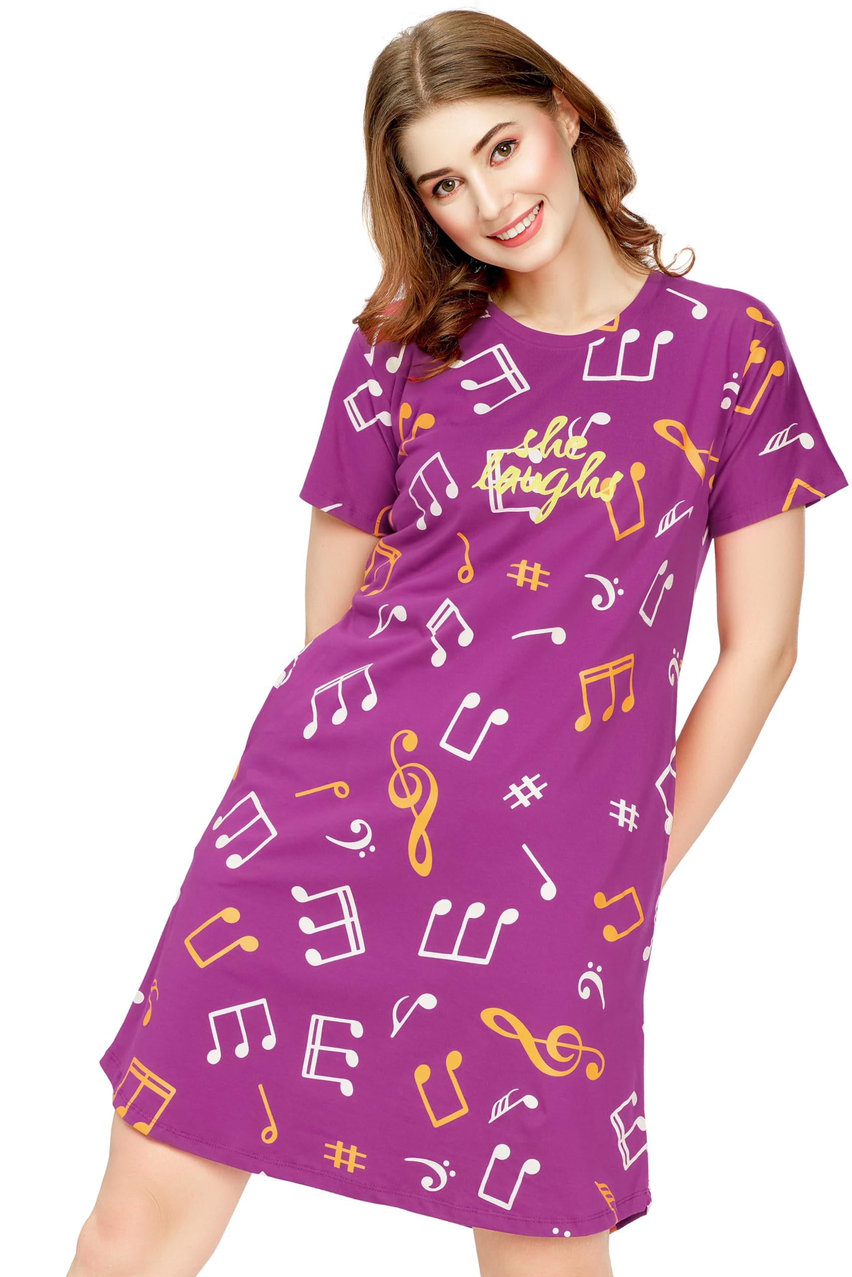 ZEYO Women's Cotton Night Dress Musical Notes Printed Knee Length Night Gown 5796