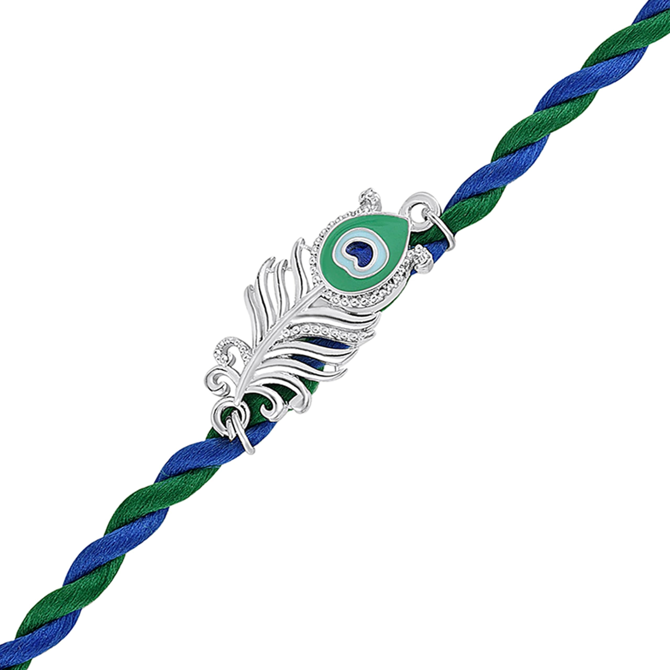 Mahi Peacock-Feather-Theme Rakhi for Brother | Krishna Mor Pankh Design on Blue-Green Braided Thread Rakhi for Brother, Bhaiya, Bhai (RA1100839R)