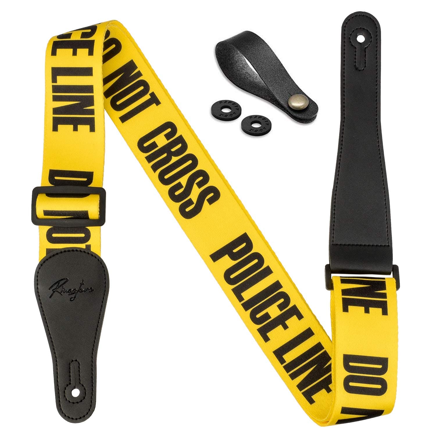 Rinastore Guitar Strap Yellow"Police LINE" Includes Strap Button & 2 Strap Locks for Bass, Electric & Acoustic Guitars (Yellow)