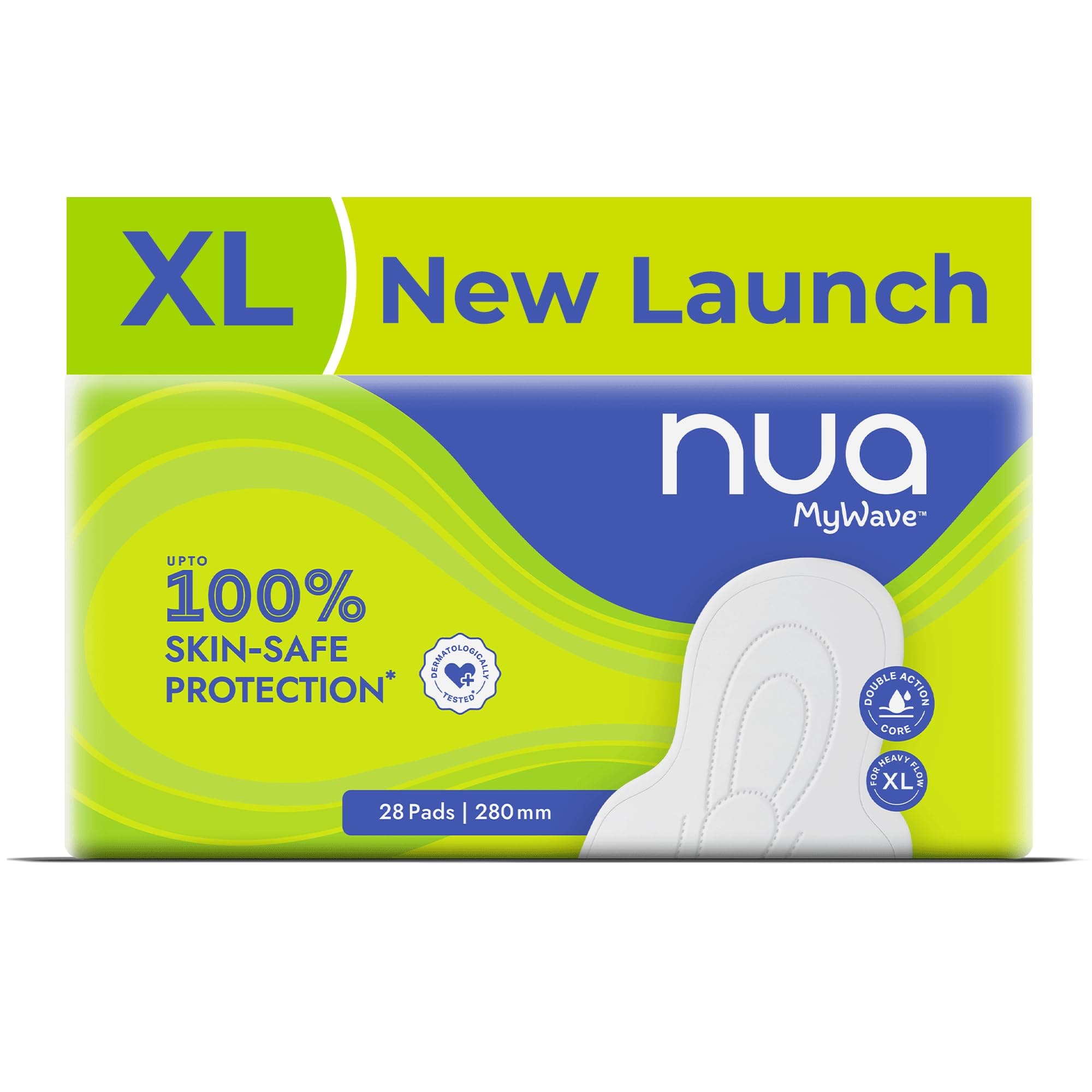 Nua MyWave XL Sanitary Pads for Women | Heavy Flow Period Pads | Super Soft, Rash-Free, Leak-Proof | Super Absorbent | Pack of 28 | Individually Wrapped | 280 mm