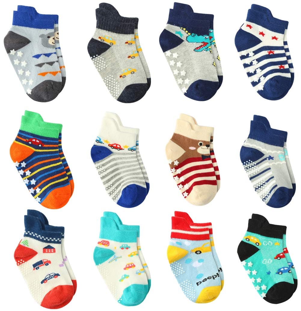 12 Pairs Baby Boy Socks Non Skid with Grips, Toddler Boy Anti skid Socks (12 Pairs, 3-5 Years)