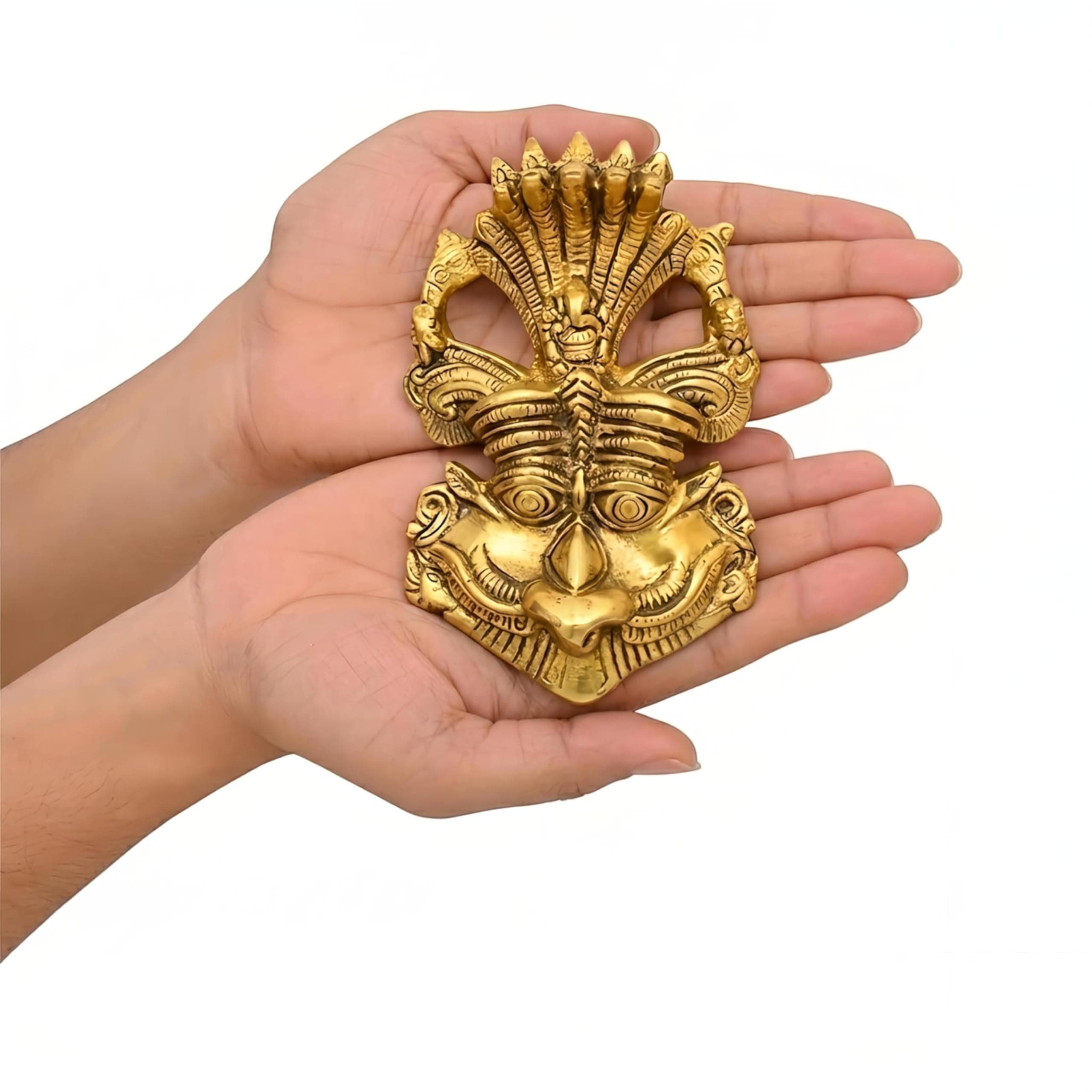 Pooja Ghar Brass Keerthi Mukudu – Kirtimukha Wall Hanging for Evil Protection – Antique Brass Face Mask for Home/Temple Décor – Vastu & Negative Energy Remover