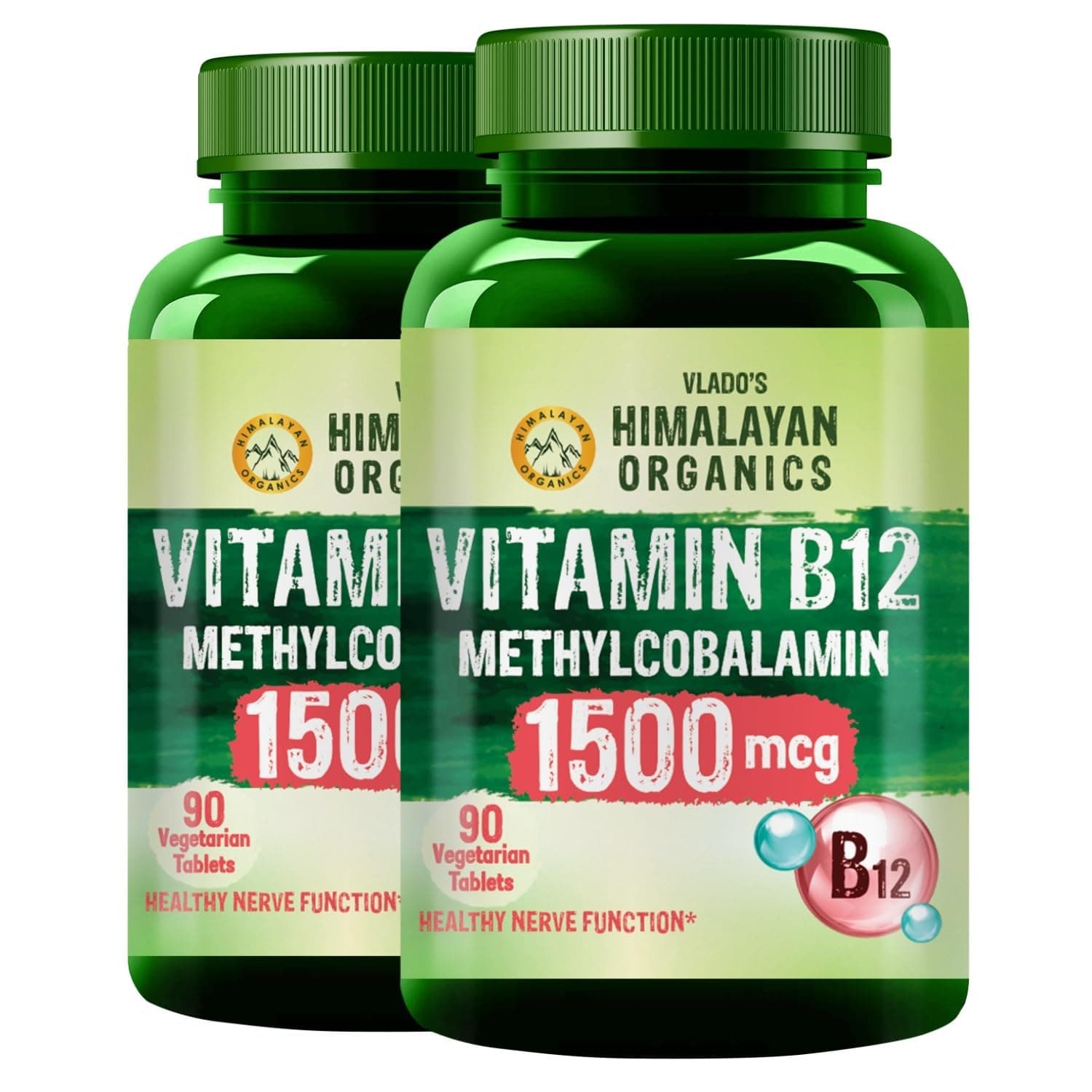 Vlado's Himalayan Organics Vitamin B12 Tablets 1500 mcg -Active form of Methylcobalamin Vitamin B12 Supplements for Men & Women - Pack of 2-180 Veg Tablets