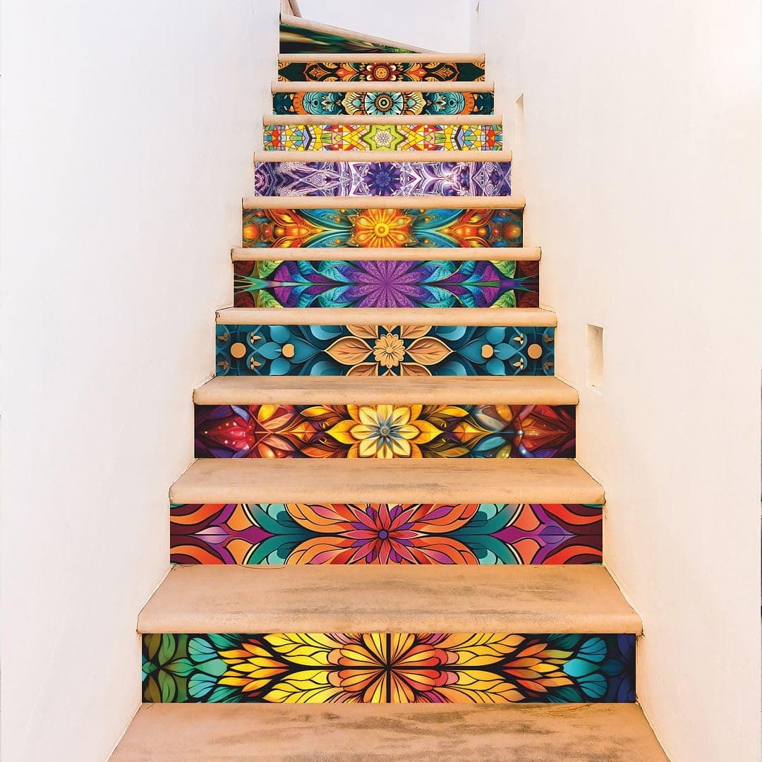 CVANU Set of 12 Colorful Mandala Design Printed Stairs Sticker Self-Adhesive Waterproof Vinyl for Steps_cv