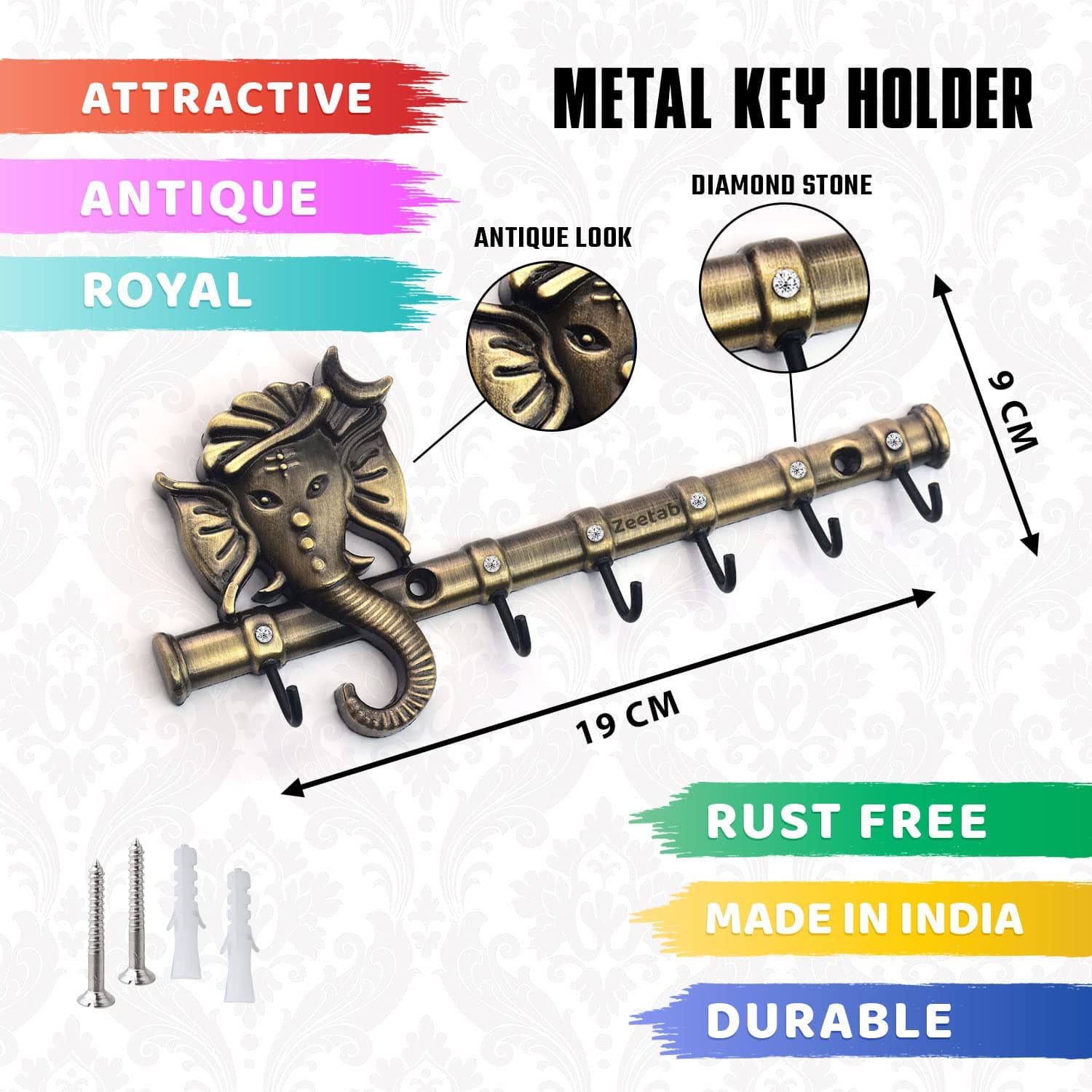 Zeetab Diamond Ganesha Key Holder & Hanger | Metal Lord Ganpati Key Stand with 6 Hook Wall Mount | Home Decor Housewarming Gift