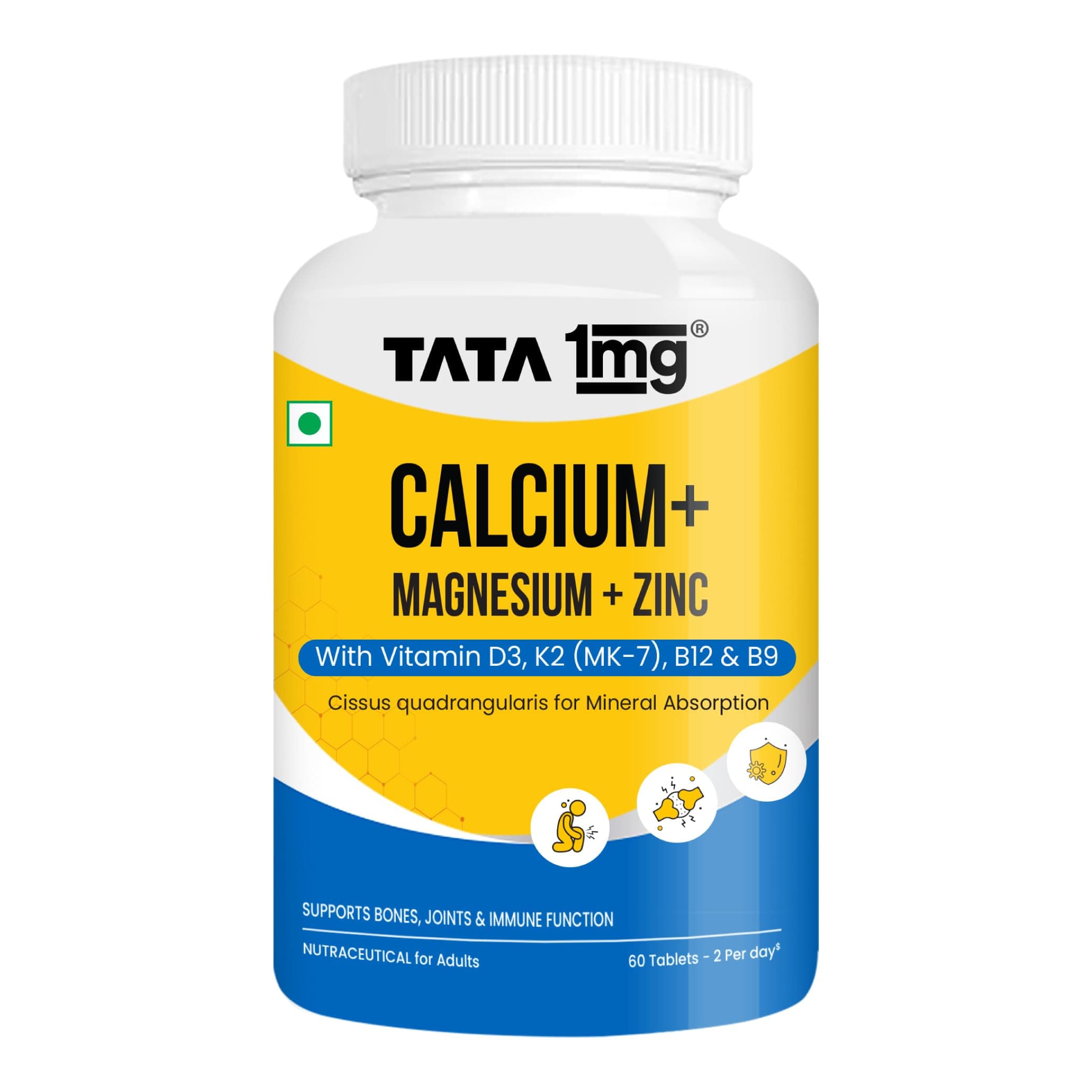 Tata 1mg Calcium Magnesium Zinc Tablets | With Vitamin D3 600 IU, K2-7, B12 & Folic Acid | Hadjod & Black Pepper Extract | Bone & Joint Support Supplement for Adults | 60 Tablets