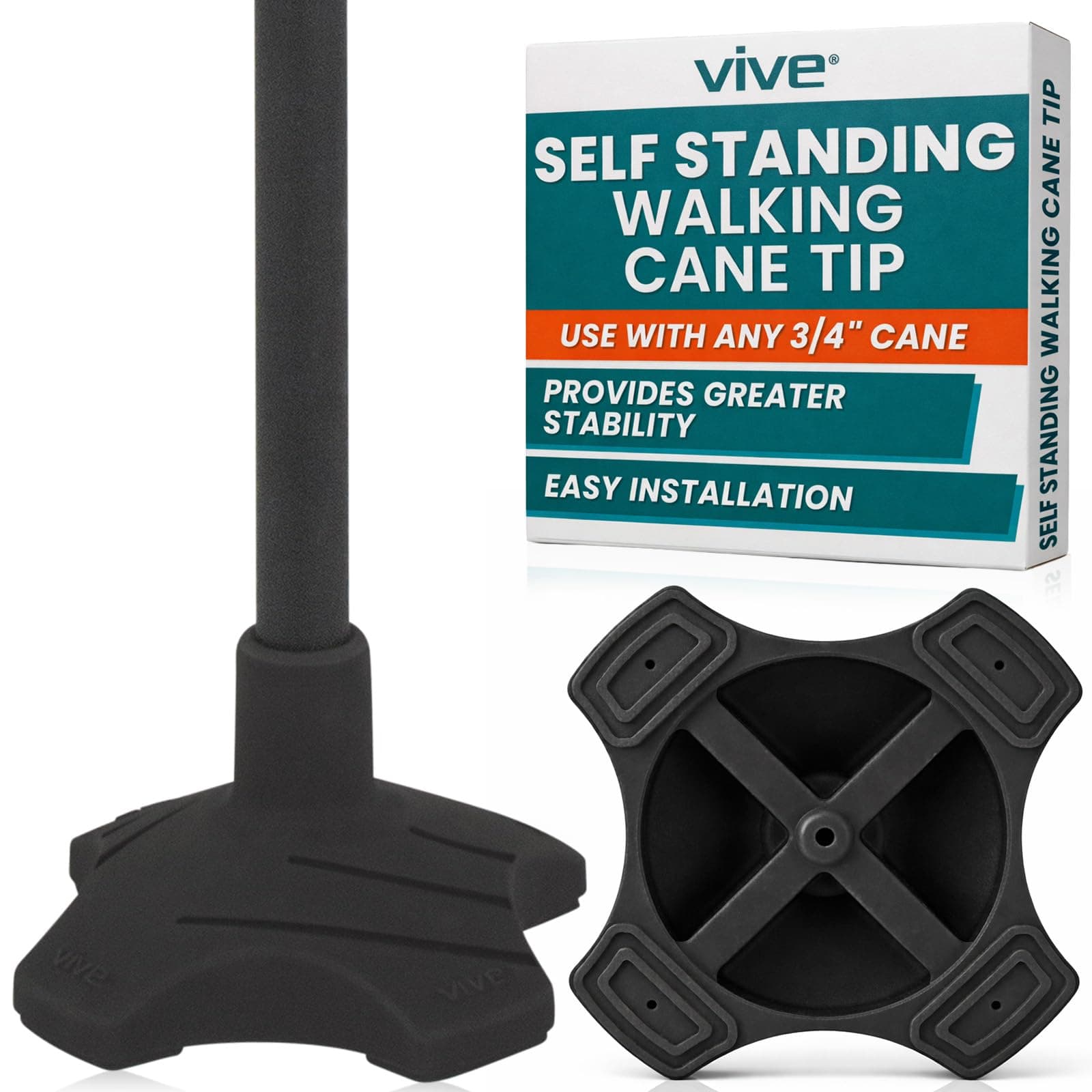 Vive Self Standing Cane Tip - 3/4 Inch Replacement - Heavy Duty Rubber Quad Base for Walking, Folding & Medical Canes - Stable Grip Traction Attachment - for Men, Women, Elderly & Seniors (Black)