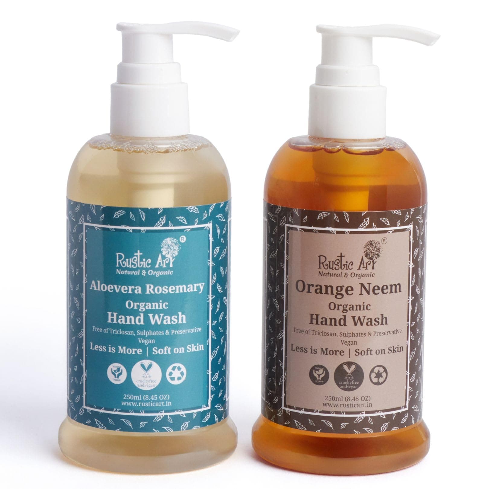 Organic Hand Wash | Orange Neem + Aloe Rosemary | Sulphate & Paraben Free | Organic & Natural | Rustic Art | 250ml * 2