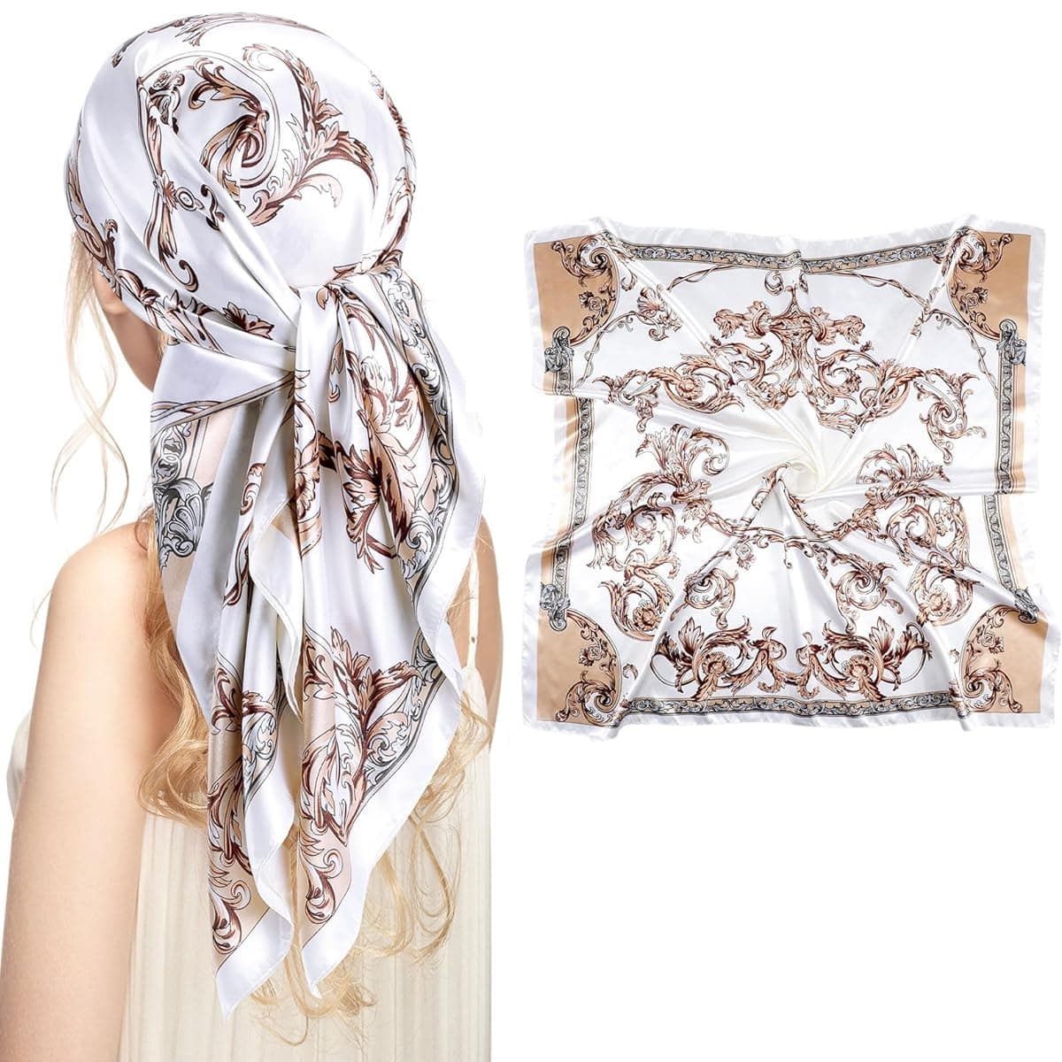 SANNIDHI® Hair Head Scarf for Women Satin Silk Like Neckerchief Fashion Print Square 35in Bandana Handbag Decor