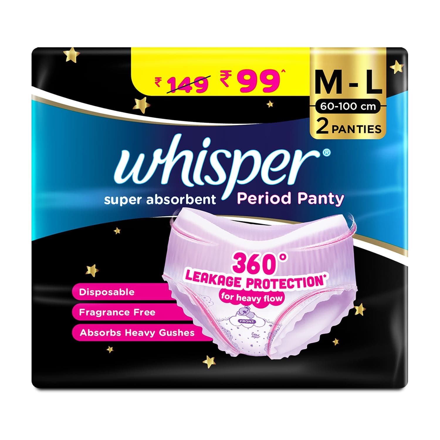 Whisper Super Absorbent Period Panty, 2 M-L Pants, 360 Degree Leakage Protection* for Heavy Flow, Panty like Fit, Full back Coverage, Absorbs Heavy Gushes, Silky Soft, Comfortable Feel