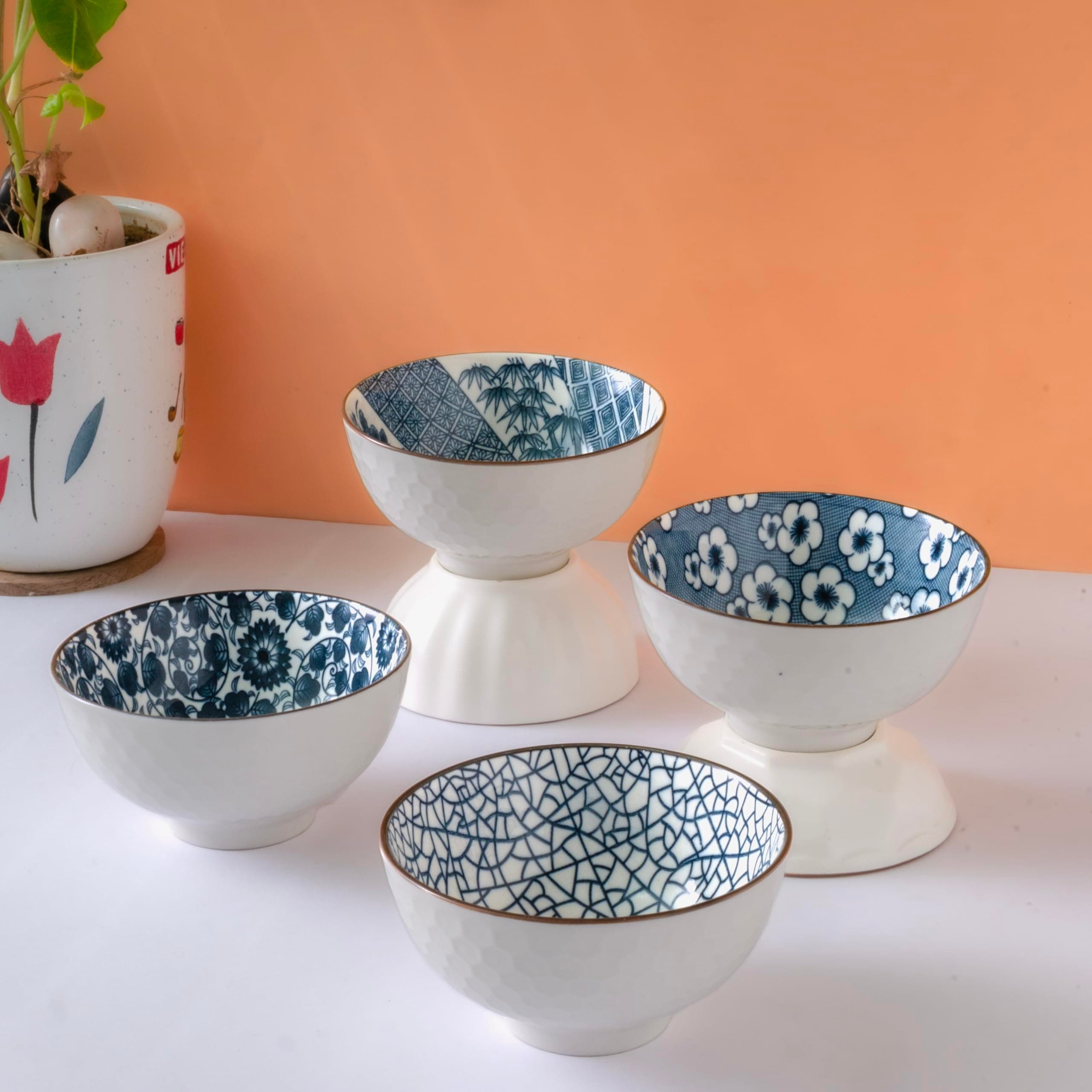 Femora Ceramic Bowl Set of 4 – Microwave & Dishwasher Safe, BPA & Lead-Free Dinner Bowls for Snacks, Rice, Dal, Fruits, Salad | Elegant Serving Bowls, Gift-Pack Ideal for Gifting