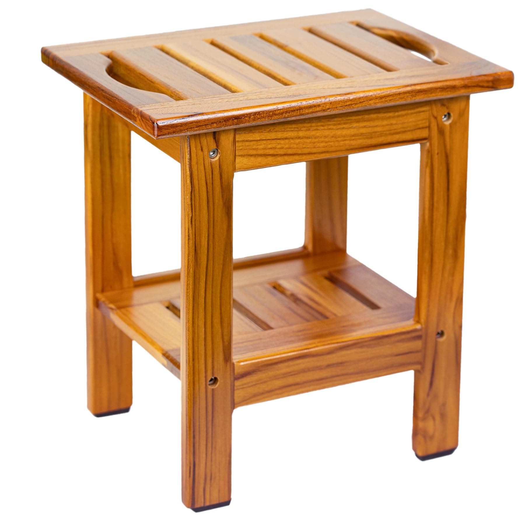 Utoplike Teak Shower Bench, Compact Shower Stool with Shelf & Handle, 2-Tier Small Wooden Bath Seat with Non-Slip Feet for Bathroom, Bathtub, or Outdoor Use