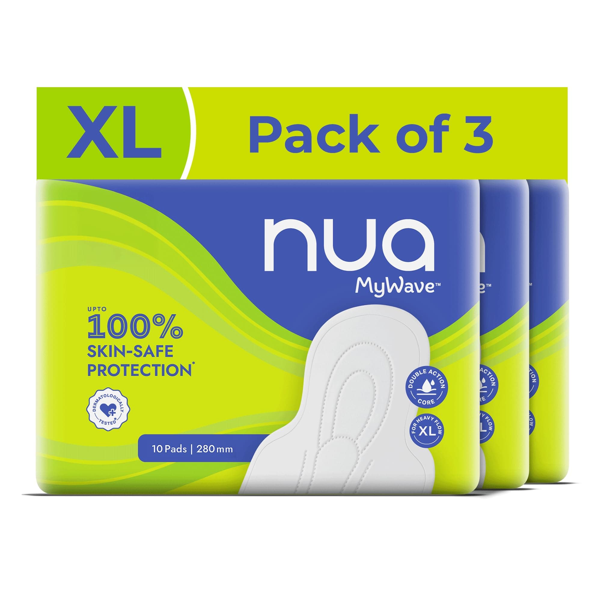 Nua MyWave XL Sanitary Pads for Women | 30 Pads | | Heavy Flow Period Pads | Super Soft, Rash-Free, Leak-Proof | Super Absorbent | Individually Wrapped | 280 mm