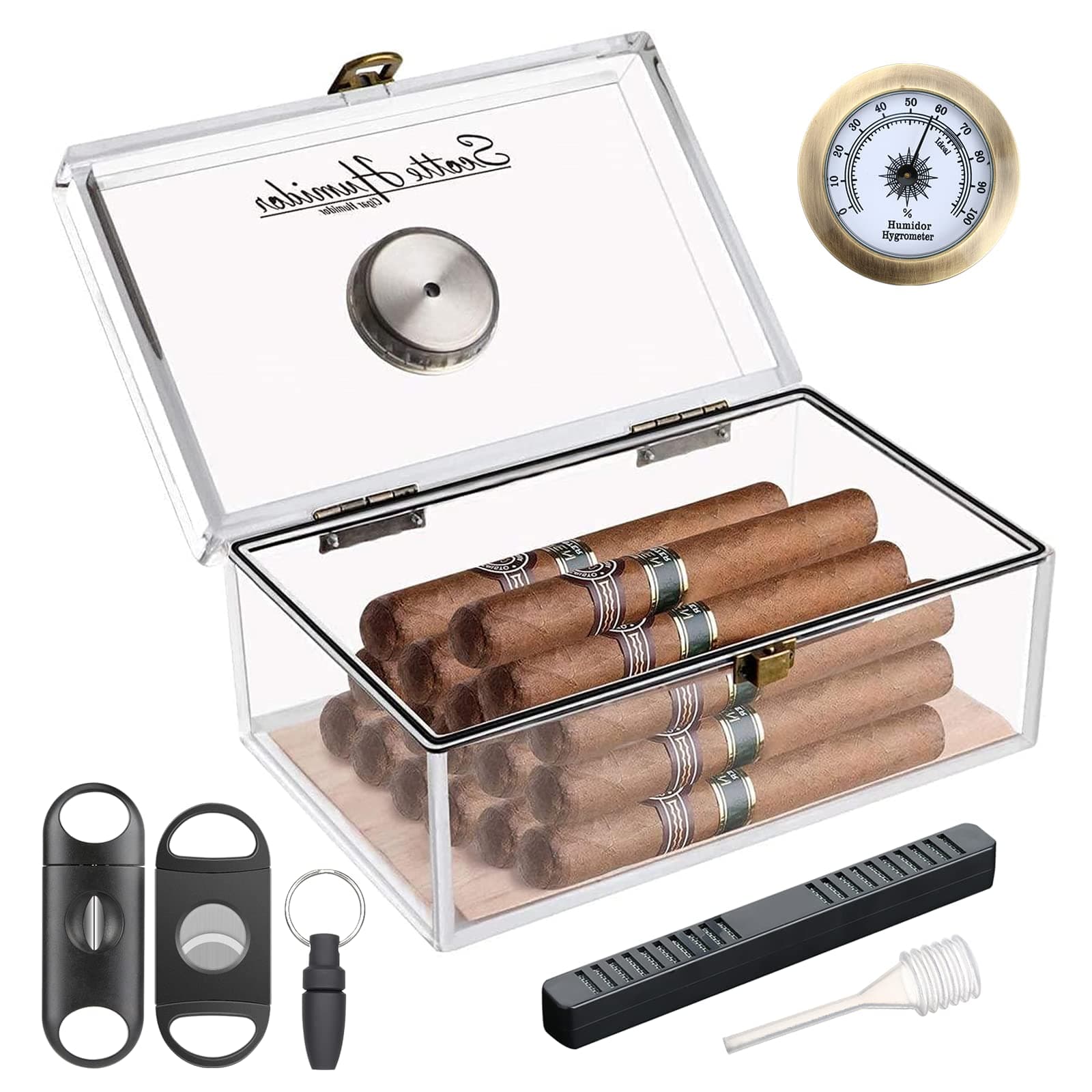 Scotte Acrylic Cigar Humidor Jar/case/Box with Humidifier and Hygrometer,humidor That can Hold About 16-20 Cigars (Clear)