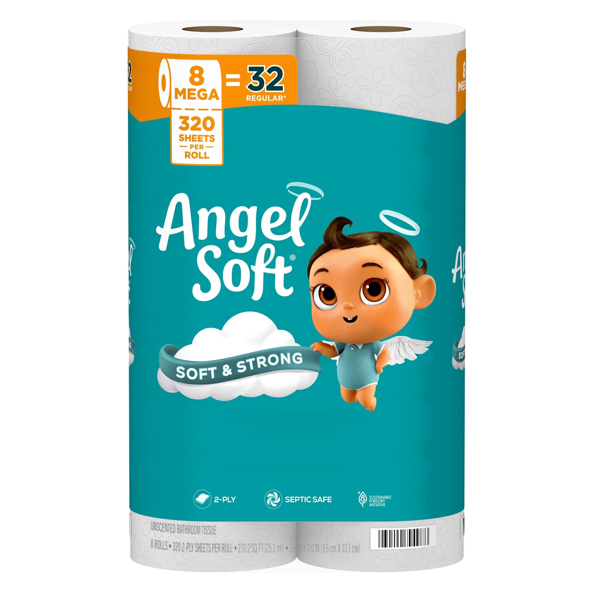 Angel Soft® Toilet Paper, 8 Mega Rolls = 32 Regular Rolls, 2-Ply Bath Tissue