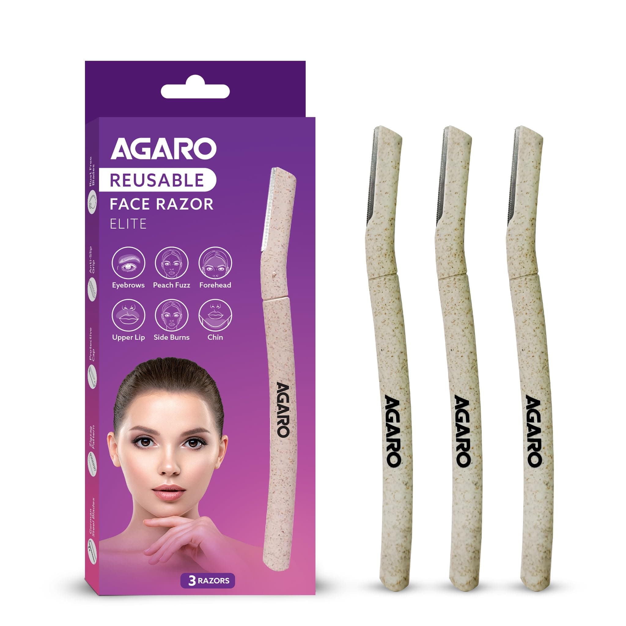 AGARO Elite Face Razor for Women (Pack of 3) | Reusable Shaver for Facial Hair, Chin, Upper Lip & Eyebrow Shaping | Dermaplaning Tool