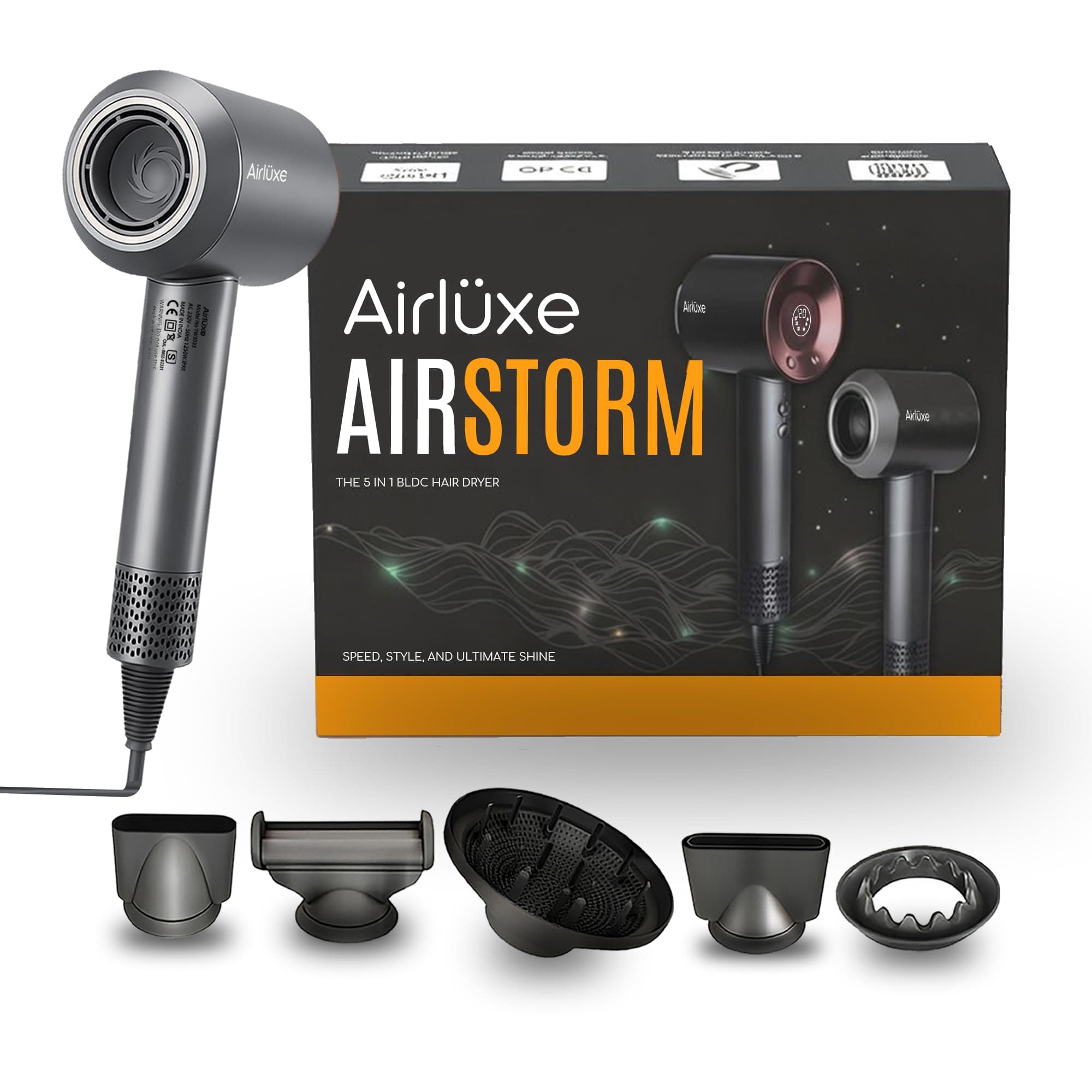 Airluxe AirStorm BLDC Ionic Hair Dryer | 110,000 RPM High Speed Brushless Motor | Professional Hair Dryer for Women & Men | 9 Modes | Fast Drying | Frizz Control | 6 Amp household Plug
