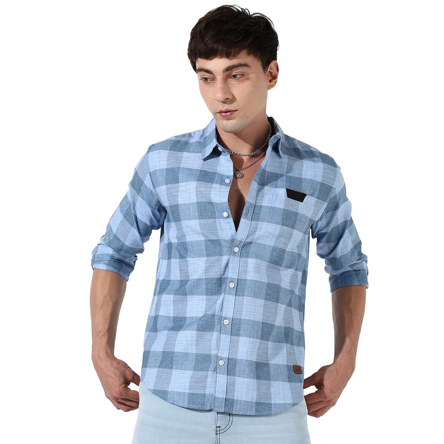 CAHOOT Mens Blue Checks Button Up Regular Fit Shirt for Casual Wear Cotton Spread Collar Crafted with Sleeve Comfort Everyday