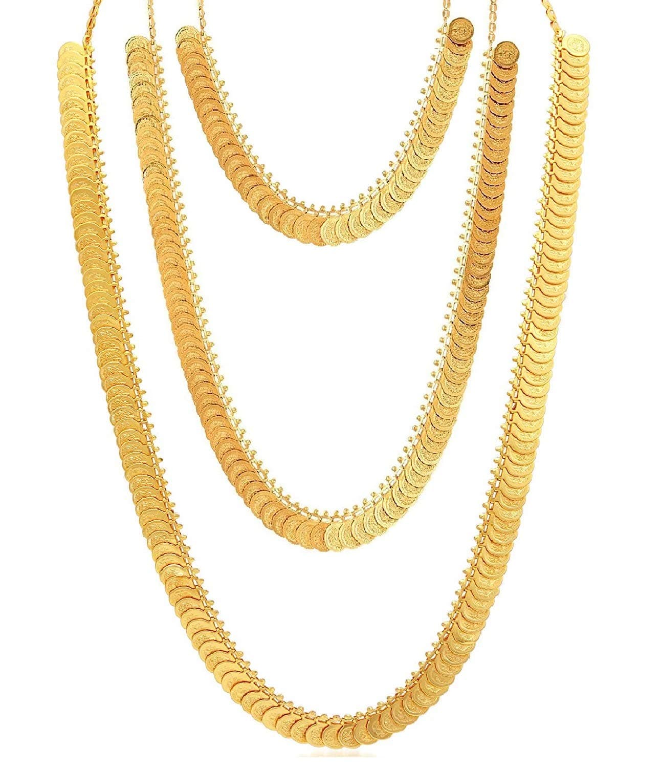 VAMA FASHIONS 3 Set 18K Gold Plated Traditional Lakshmi Kasulaperu Coin Long Necklace Kasu Mala Haram South Indian Temple Bridal Wedding Jewellery for Women & Girls