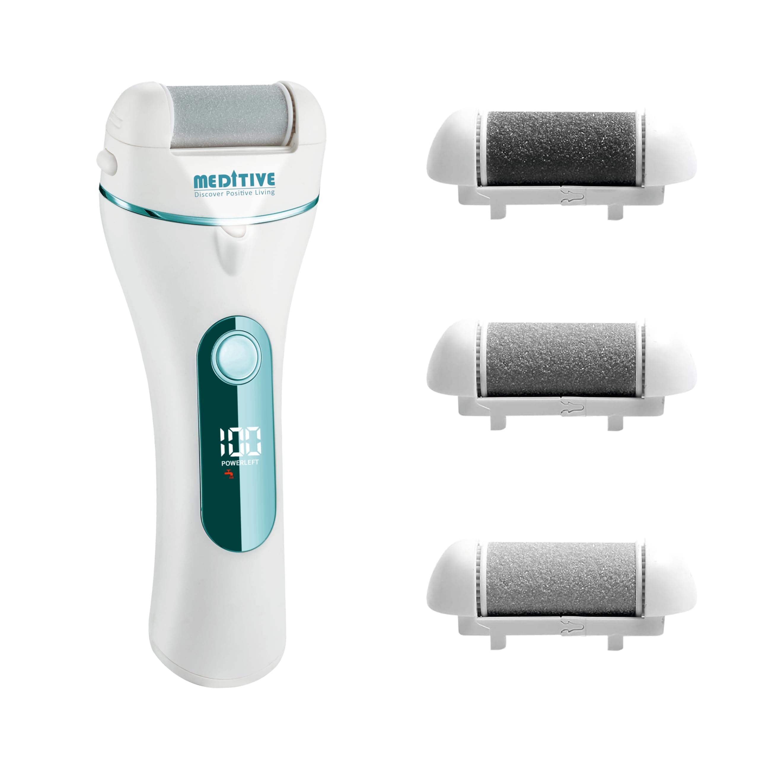 MEDITIVE Electric Foot Callus Remover with Type-C Fast Charging, 3 Interchangeable Quartz Roller Heads & 2 Speeds | Waterproof Pedicure Machine for Dead Skin, Cracked Heels & Foot Care Spa at Home