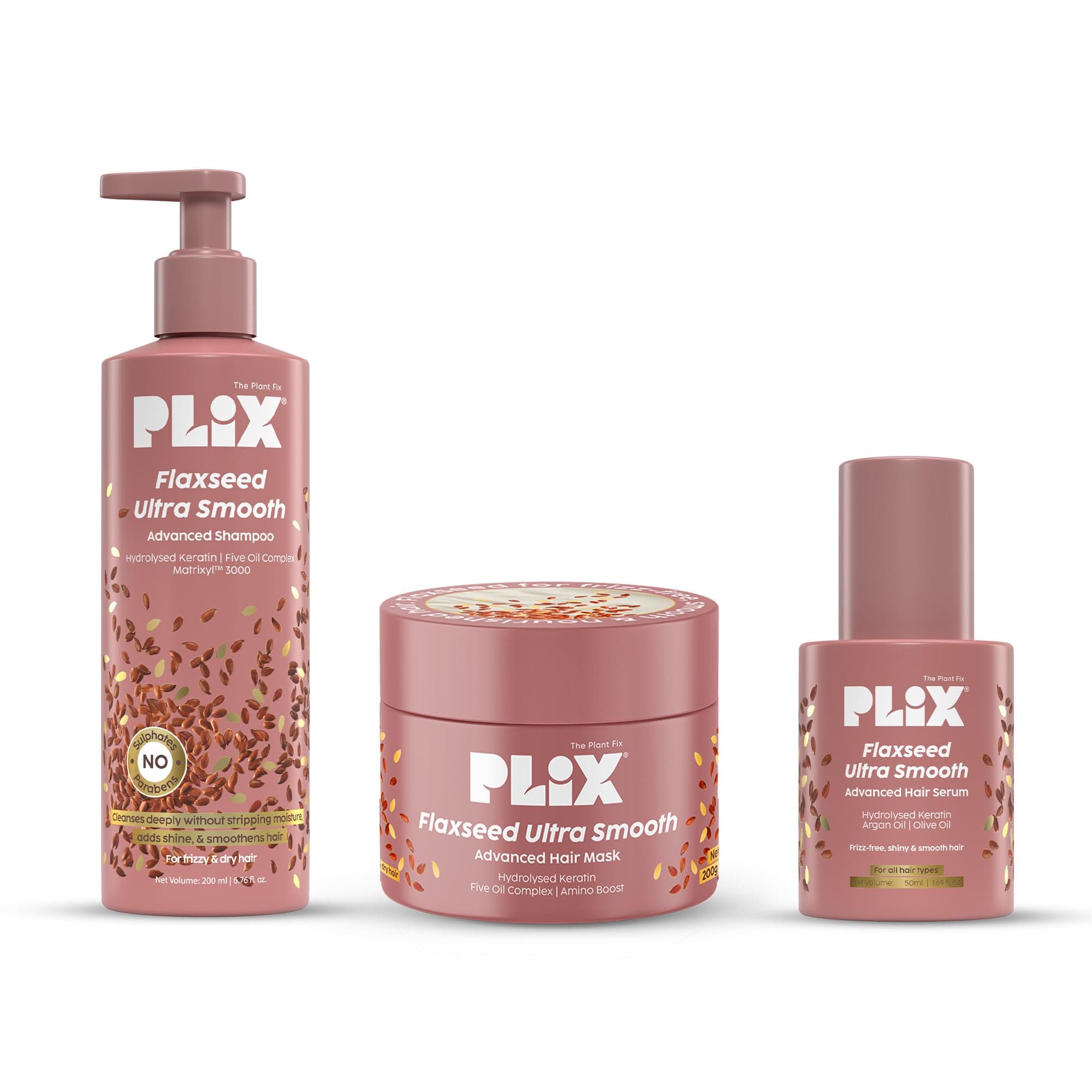 PLIX THE PLANT FIX Flaxseed Ultra Smooth Advanced Trio - Shampoo + Hair Mask + Serum | Plant Keratin PF | Flaxseed Oil | Deep Nourishment | Smooth Hair | For Men & Women