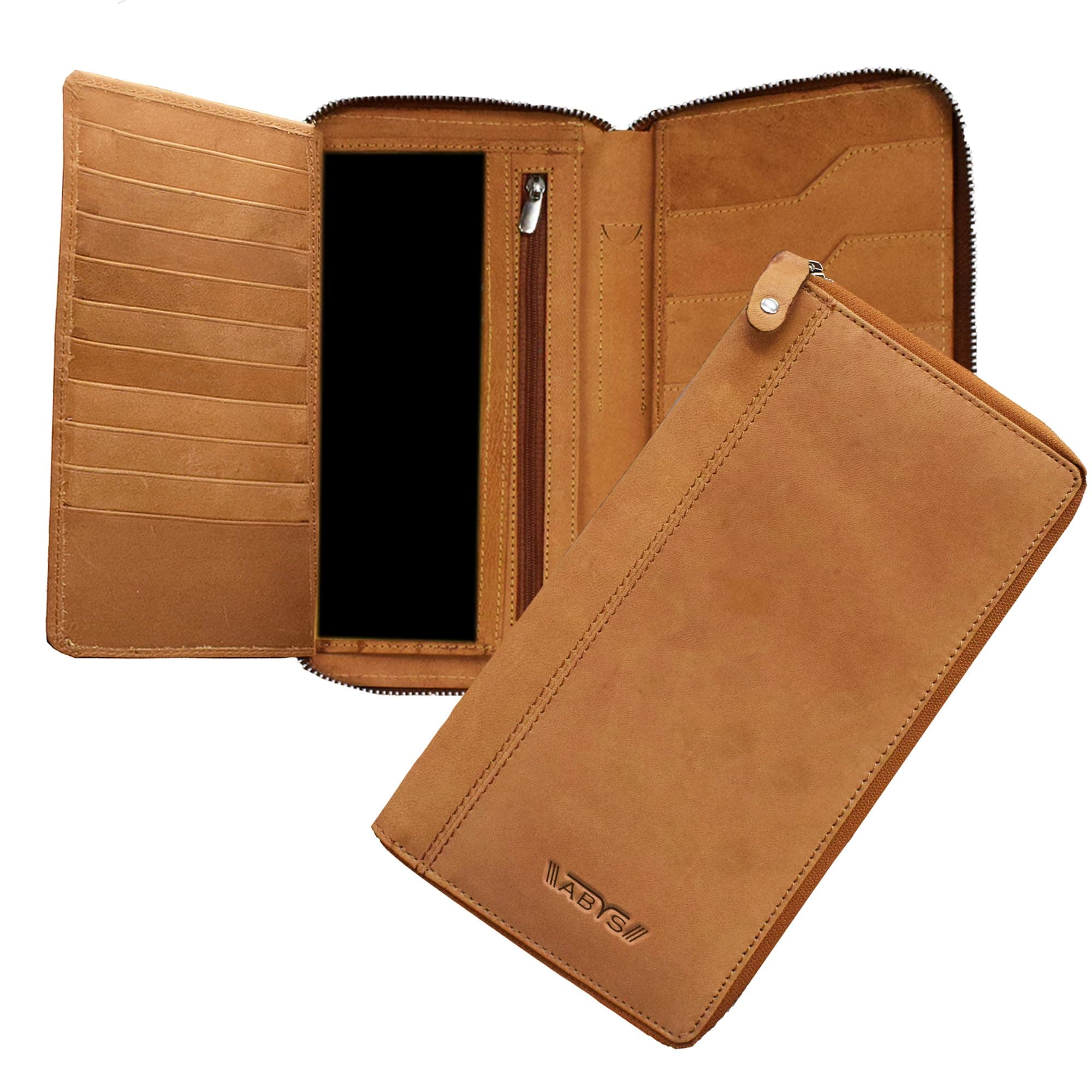 ABYS Tan Genuine Leather Passport Cove||Business Card Holder with Zip Closure for Men & Women