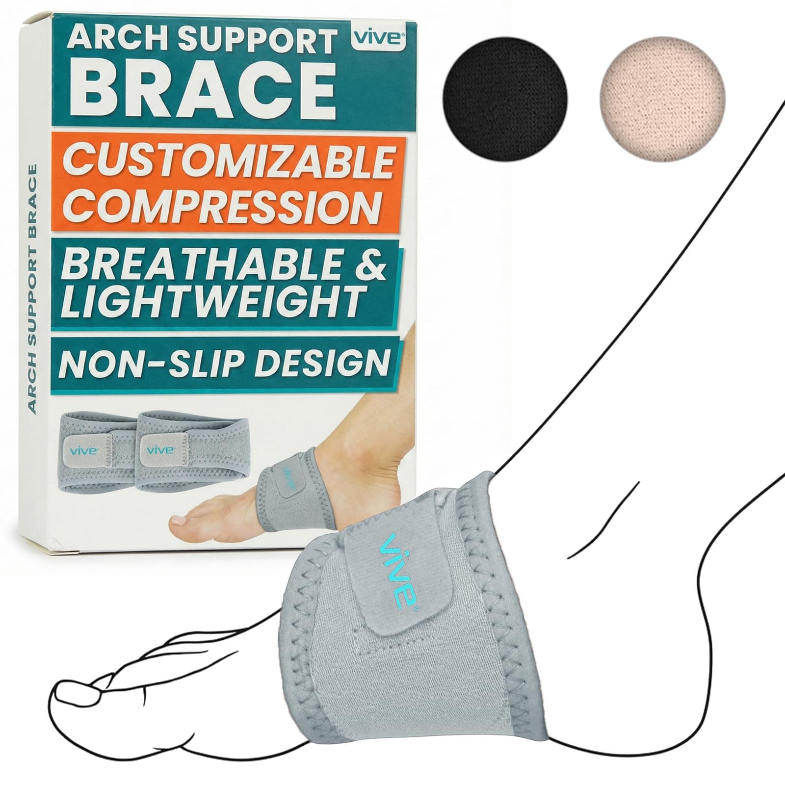 Vive Arch Support Brace (Pair) - Plantar Fasciitis Gel Strap for Men, Woman - Orthotic Compression Support Wrap Aids Foot Pain, High Arches, Flat Feet, Heel Fatigue - Insert for Under Socks (Gray)