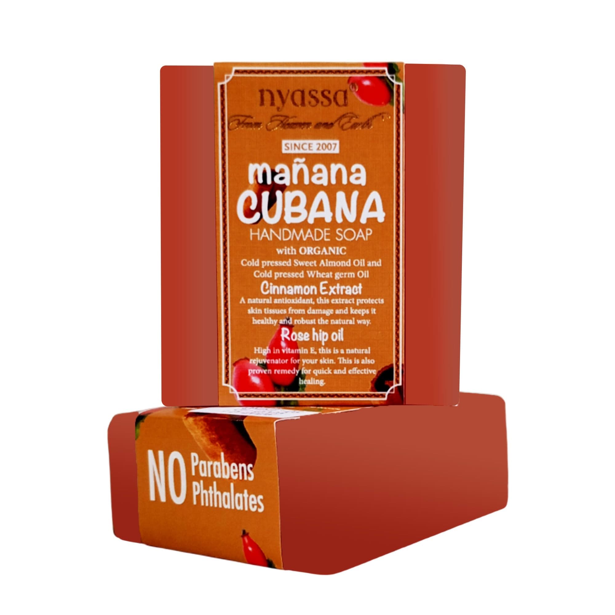 Nyassa Manana Cubana Handmade soap 150 gm with natural ingredients and a woody fragrance. With handpicked ingredients like Cinnamon Extract and Rose Hip oil to pamper your skin.