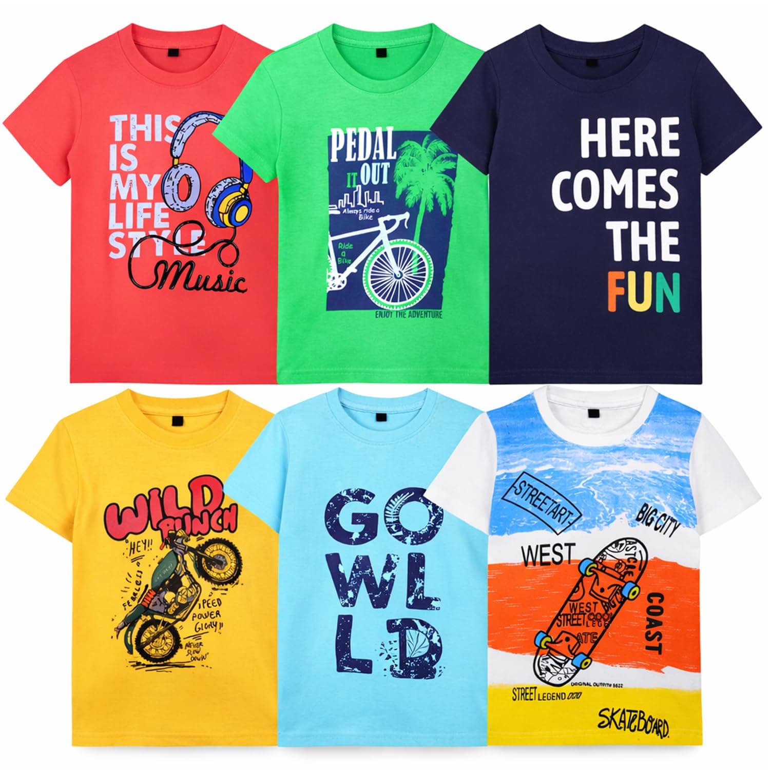 T2F Boy's Cotton Printed Regular Fit T-Shirt (Pack of 6)