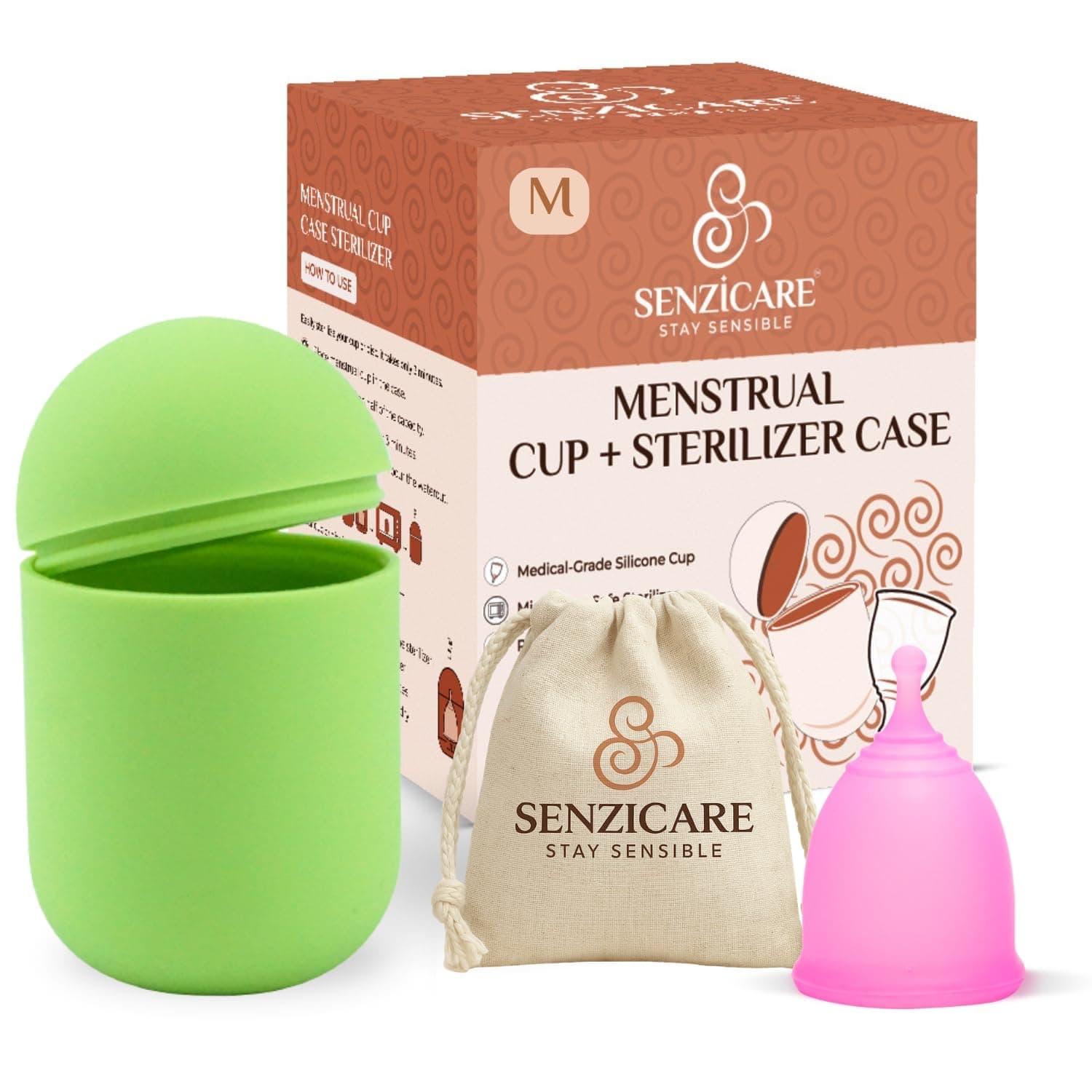 Senzicare Reusable Menstrual Cup (Medium Green) with Microwaveable Sterilizer Case (1 Cup + 1 Case + Wash) | FDA Approved | 100% Medical Grade Silicone | Rash-Free & Leak-Proof Protection for 10 Hours