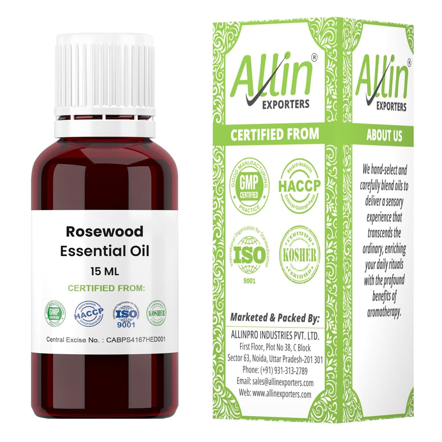 Allin Exporters Rosewood Essential Oil Undiluted & Pure Aromatherapy Therapeutic Grade Perfect for Diffuser Meditation Relaxation Cosmetics (15 ml)
