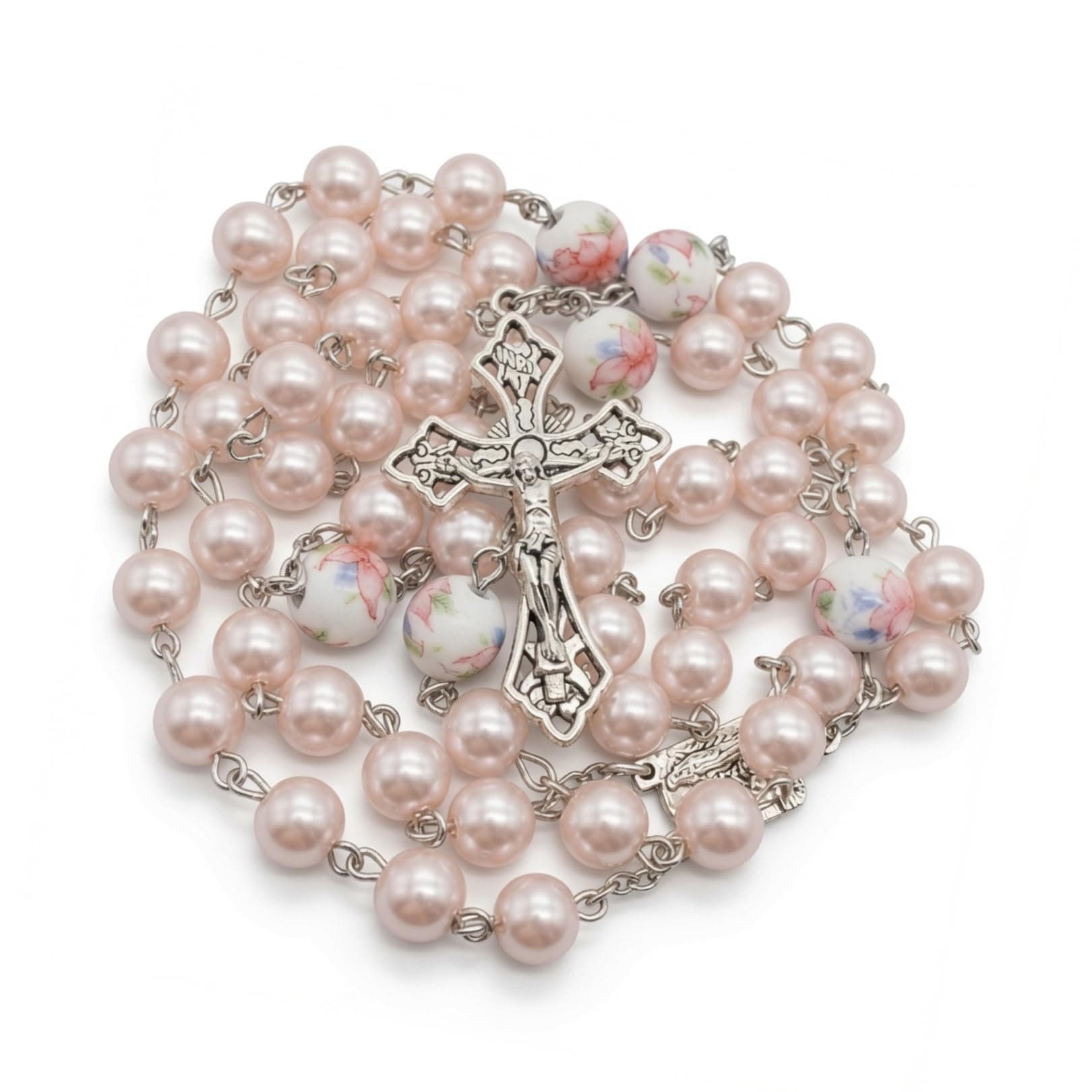 Nazareth Store Blue Pearl Beads Rosary White Flowers Beaded Necklace Lourdes Medal & Cross Crucifix, 21", Glass, No Gemstone