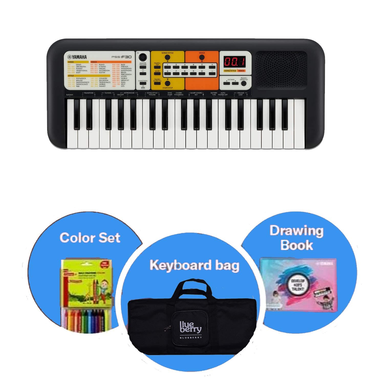 YAMAHA PSS-F30 Portable 61 Keys Keyboard With Promotional Value Pack Includes Blueberry Bag, Drawing Book, Wax Crayons (Battery and USB powered)