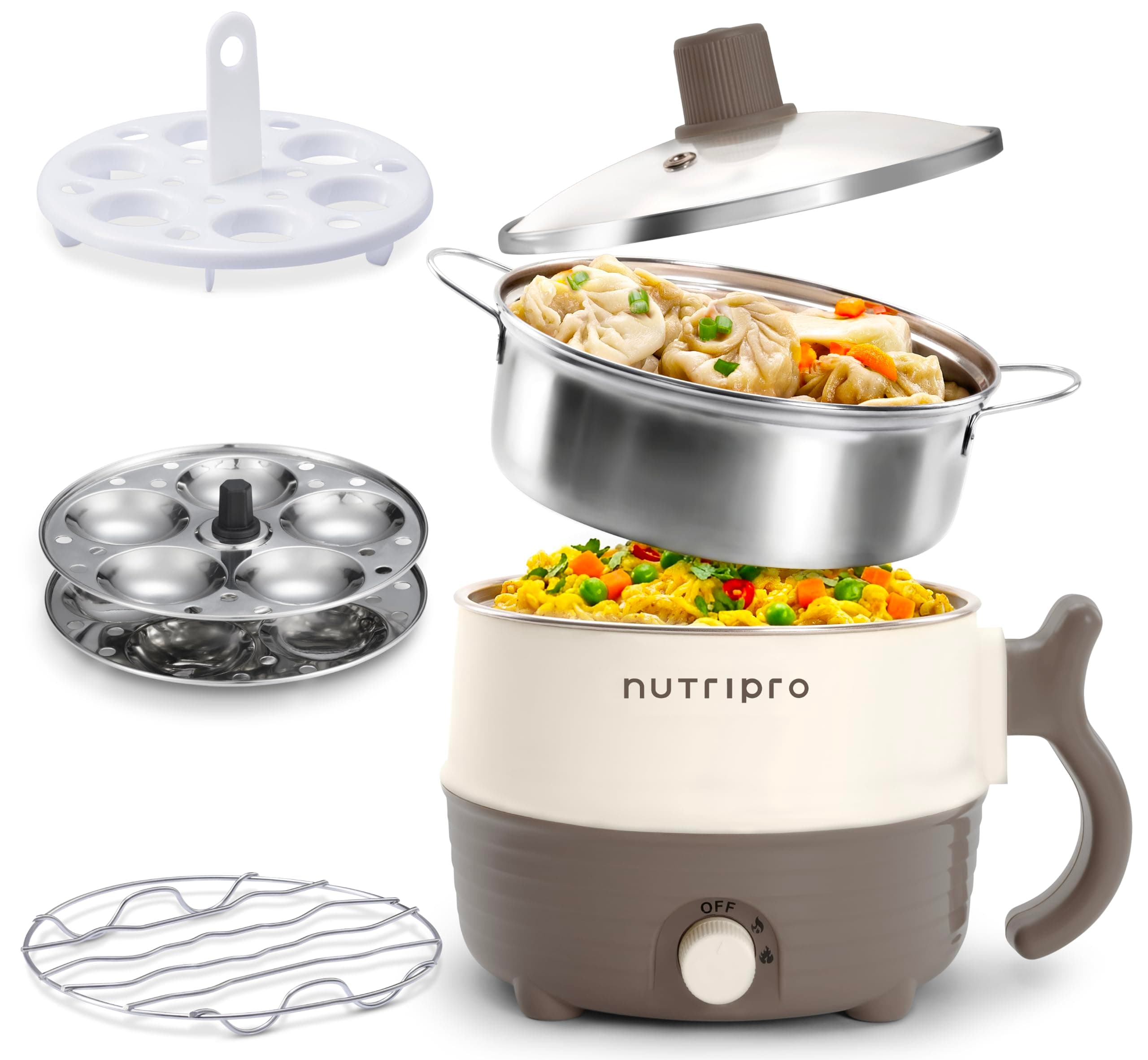 Nutripro Multipurpose Cook Kettle With 1.5L Stainless Steel Inner Pot, Steel (Cream & Brown, 600W)