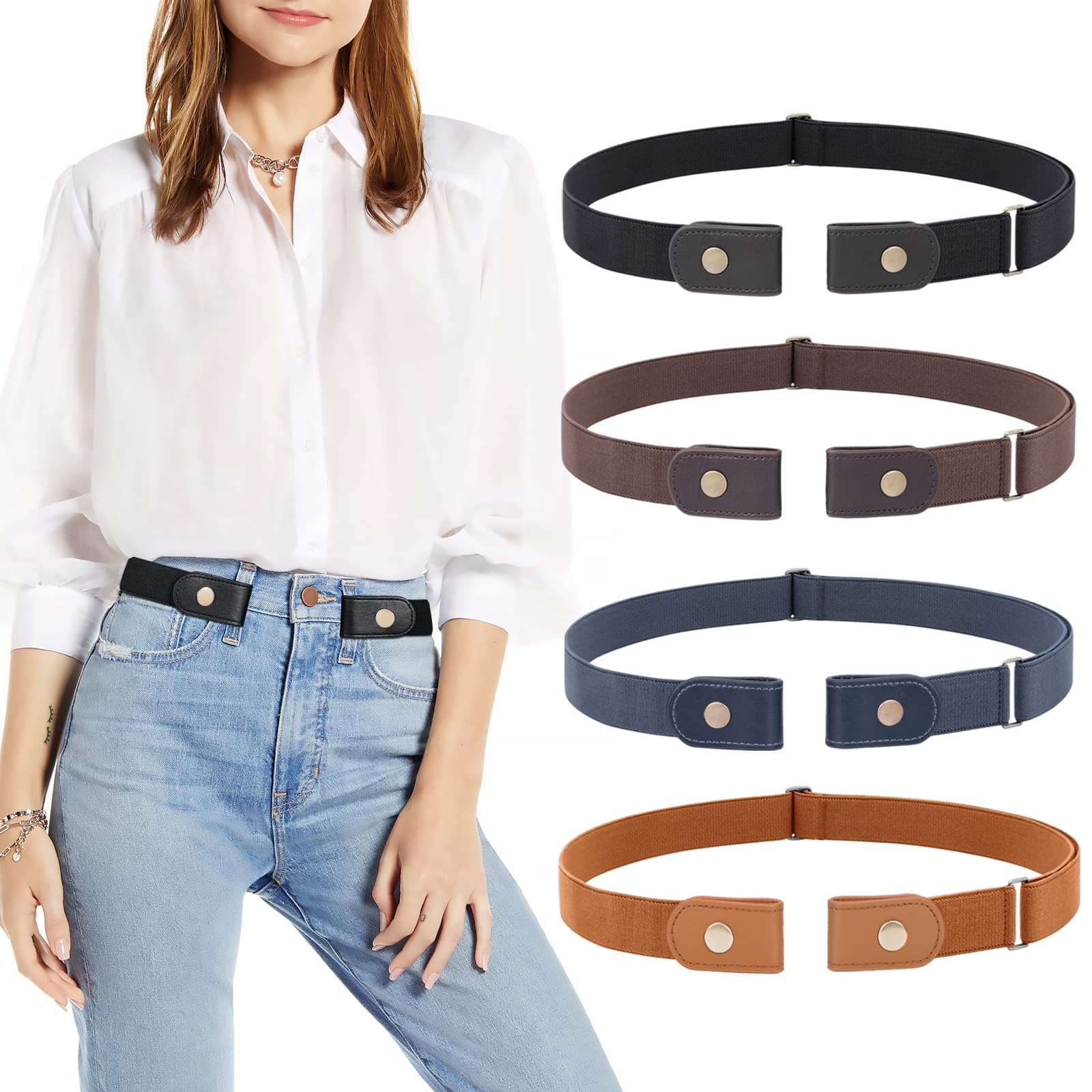 4 Pieces No Buckle Elastic Stretch Belts for Men Women, Comfortable Buckle Free Invisible Belts for Jeans Pants