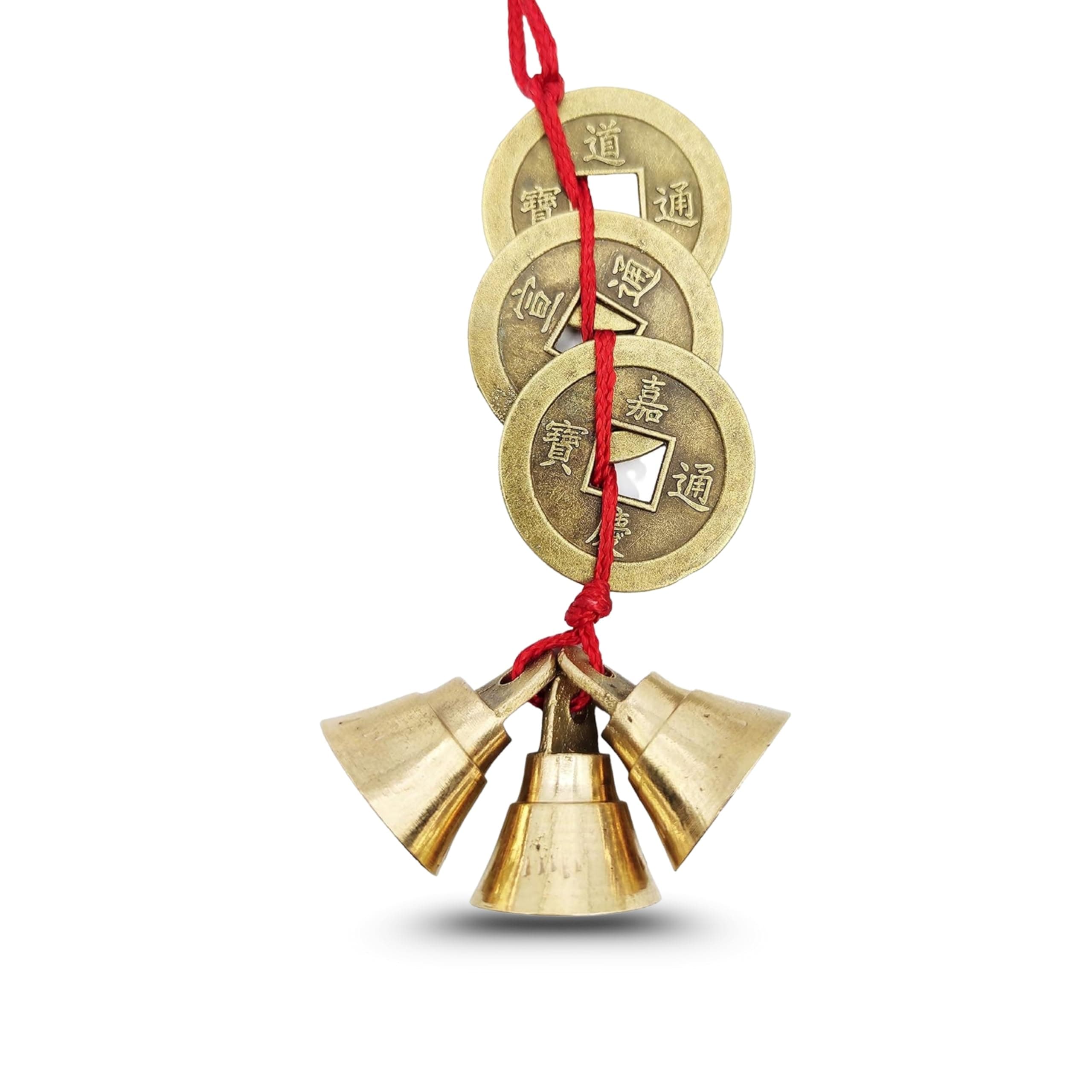 Plus Value Fengshui Vastu Lucky Brass Hanging 3 Bell Three Chinese Coins Main Entrance Door Hanging for Home & Office Decor, Attract Wealth, Prosperity Spiritual Gifting, Cute Miniature Decor