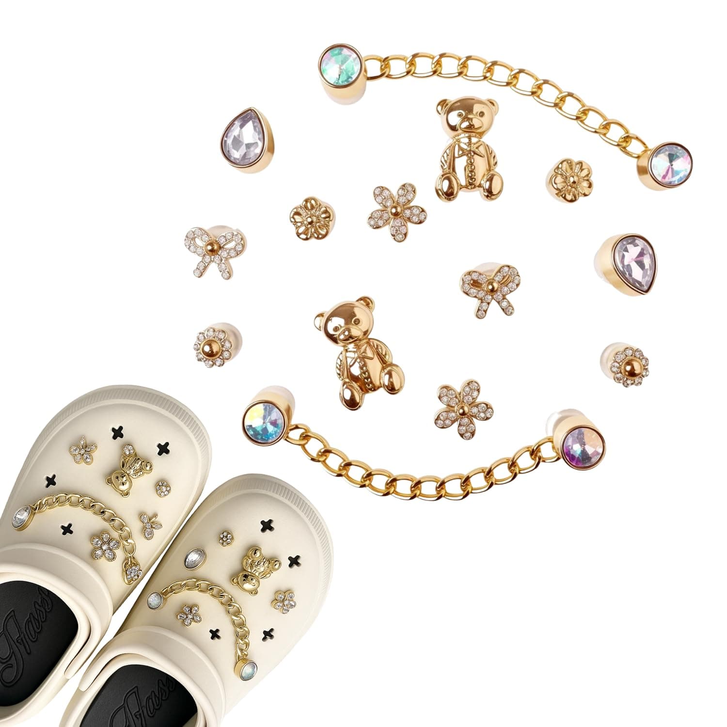 Flavizo 14pcs Bear Shoe Charms with Decorative Chain, Cute Accessories for Women and Girls Sandals, Stylish Buttons for Clog Decoration, Durable Resin and Metal Shoes Clips