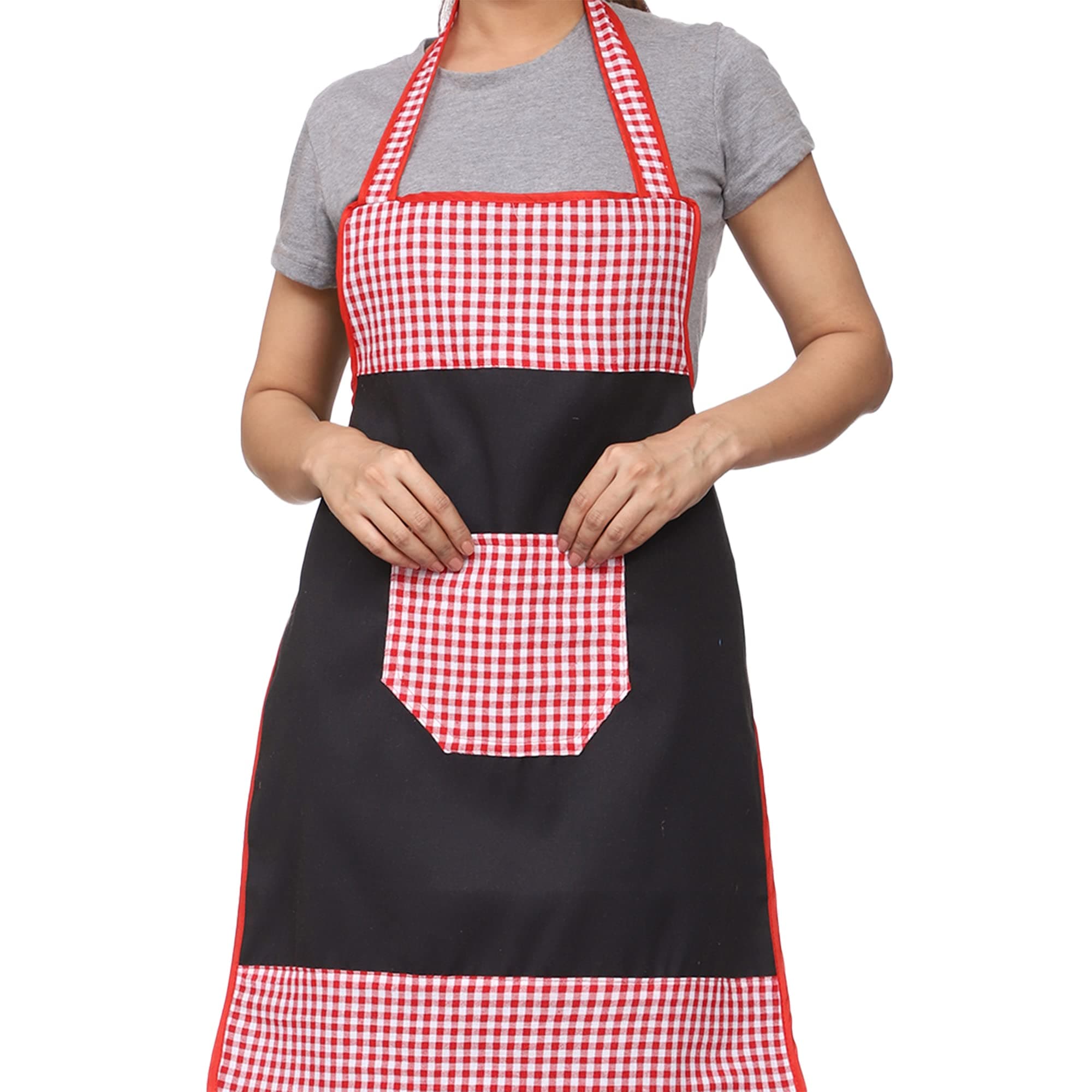 JMi Check and Plain Fabric Designer Waterproof Apron With Front Multi Purpose Pocket For Kitchen, Cooking, Dusting, Home. (Pack of 2)