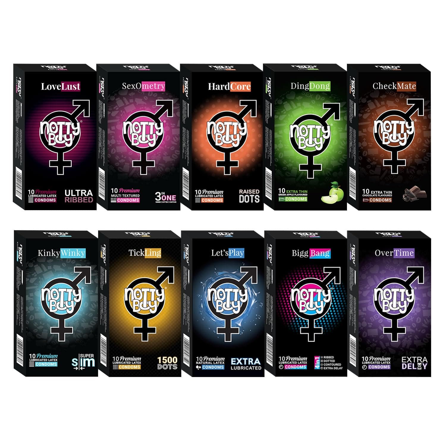 NOTTY BOY Condom For Man Combo Pack of 100 Pieces (Set of 10) - Big Dotted, Extra Delay, Ultra Thin, Ribbed, Lubricated, 4-IN-1, Snug Fit, Flavours and 3inOne.
