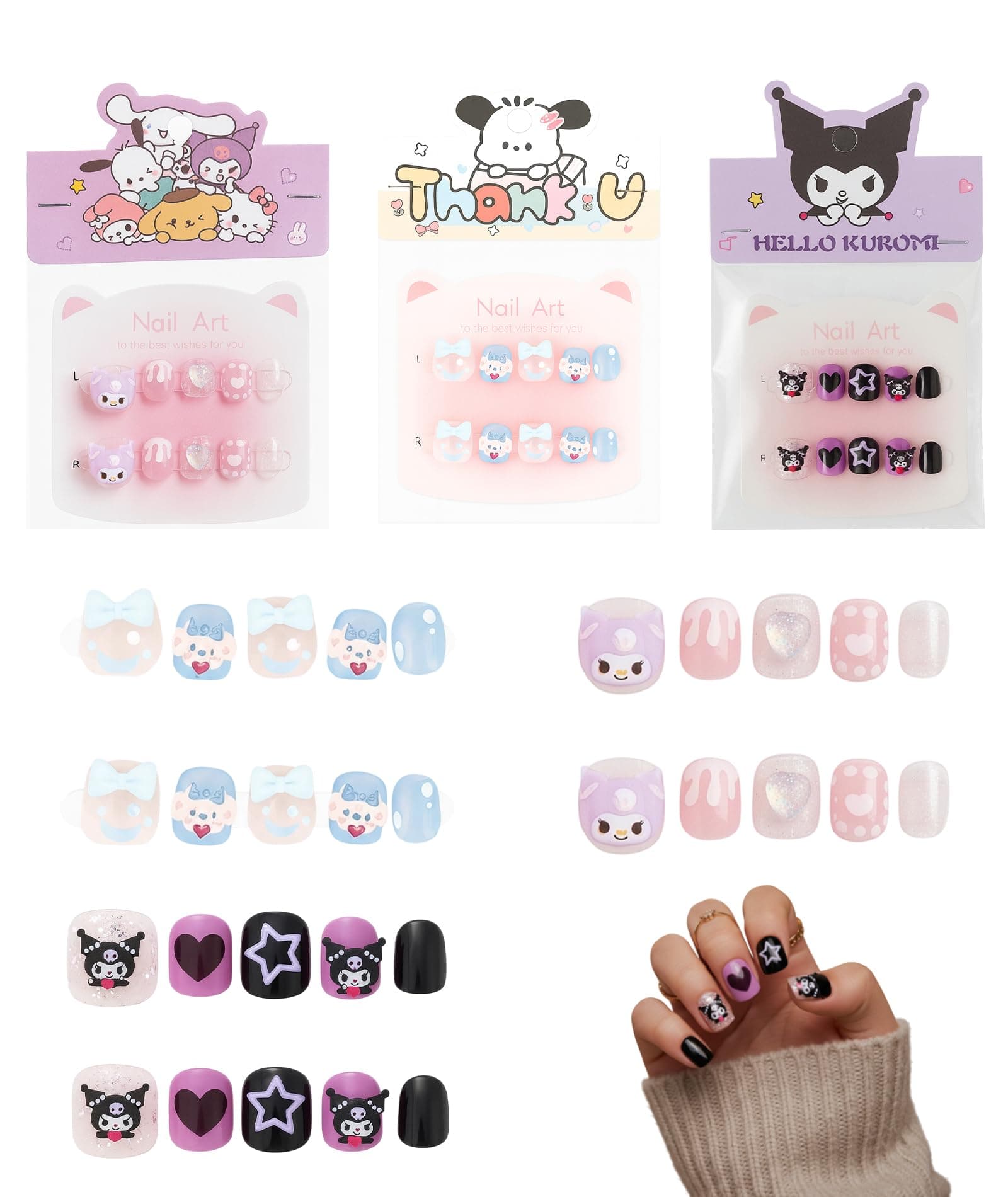 3 Pieces Nail Art Kit for Girls 6-12, Fake Nails Extension Kit with Cartoon Designs, Press on Nails Kit for DIY Manicure, Safe Artificial Nails Set for Fashion