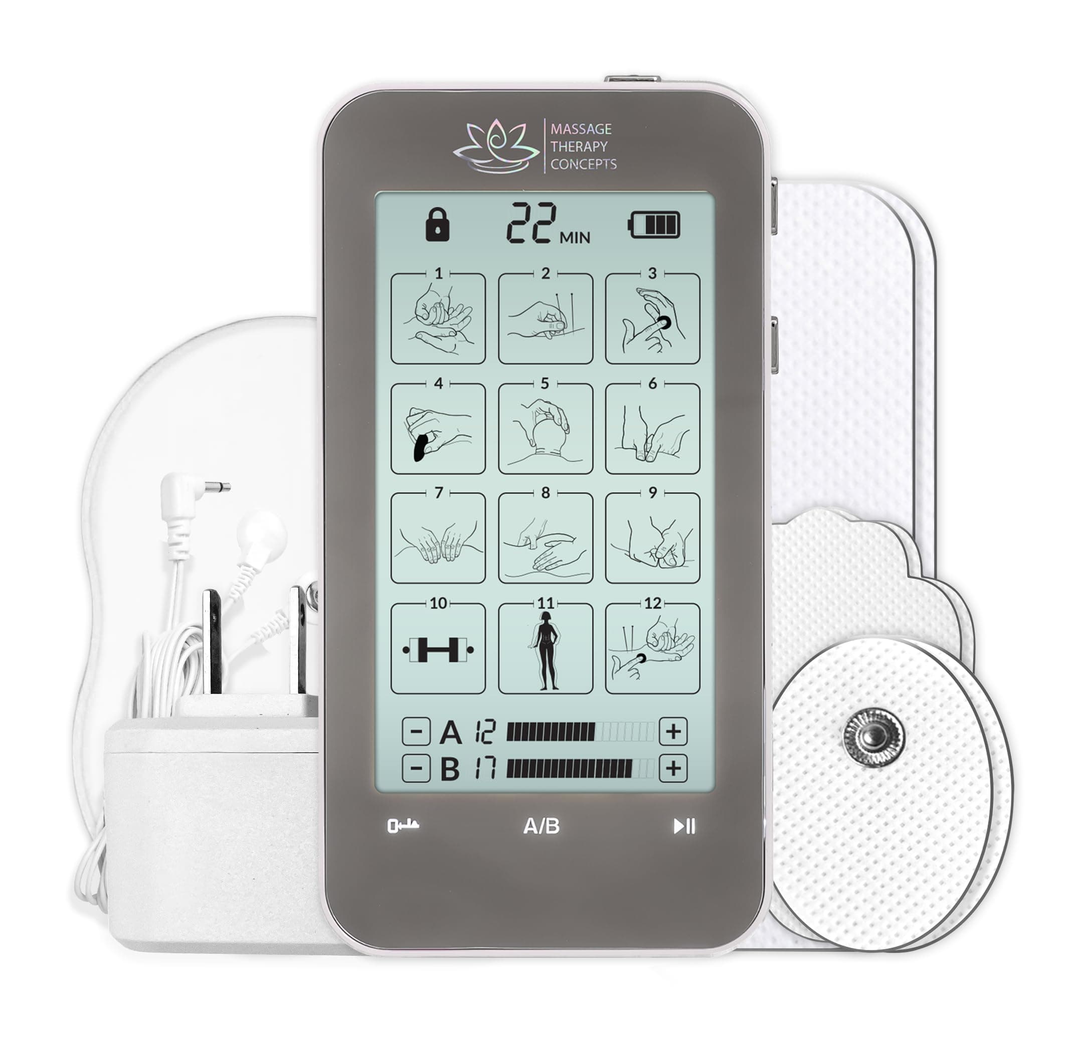 Massage Therapy Concepts FDA TENS Unit and EMS Combination Muscle Stimulator with 2 Channels 12 Modes for Pain Management for Back Neck Arms Legs Abs Arthritis and Sciatic Pain Relief and Rehabilitation