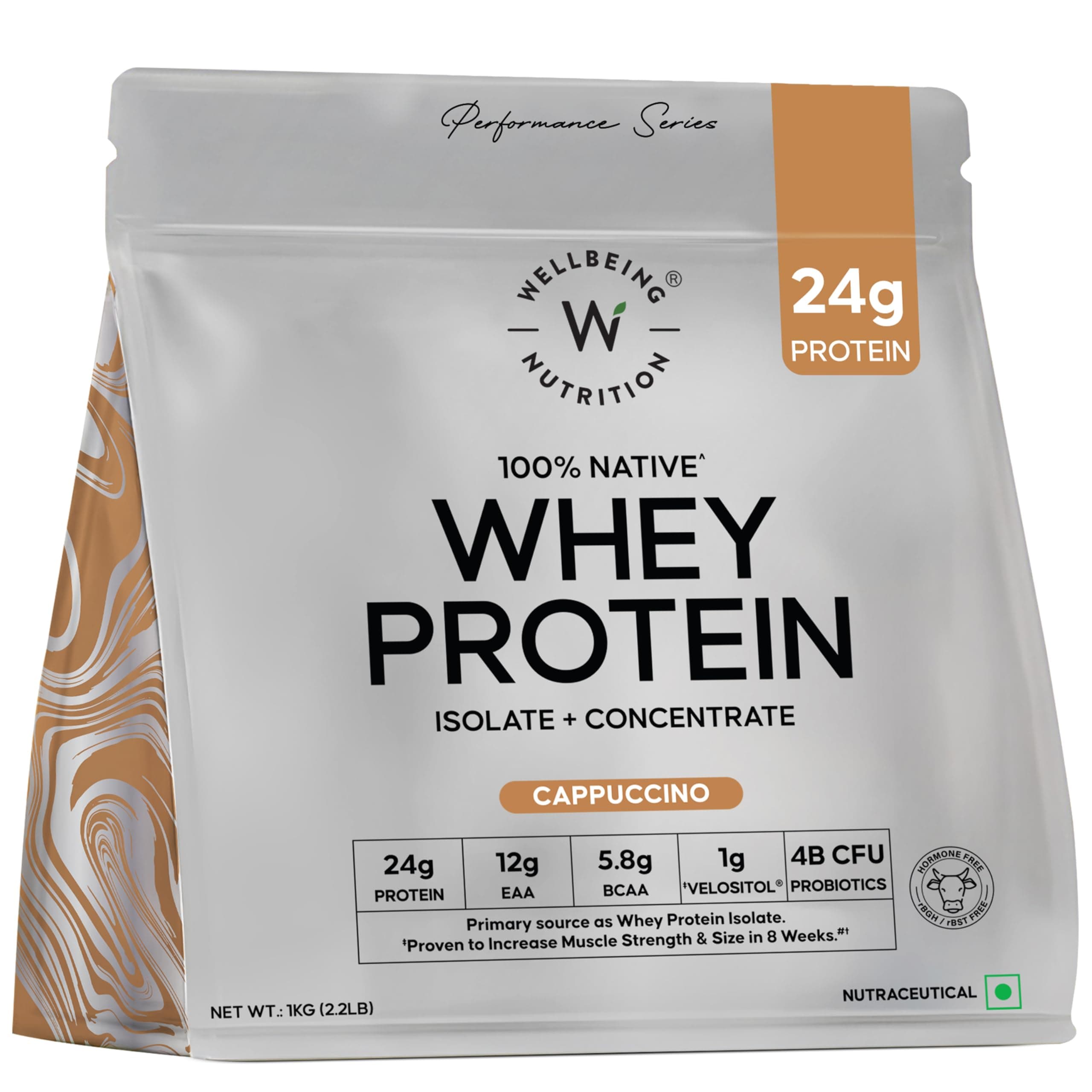 Wellbeing Nutrition Clean Whey Protein Isolate & Concentrate 1Kg Cappuccino | 24g Protein, Clinically Proven Velositol 2x Muscle Protein Synthesis, 4B CFU Probiotics & Digestive Enzymes, Easy to Digest