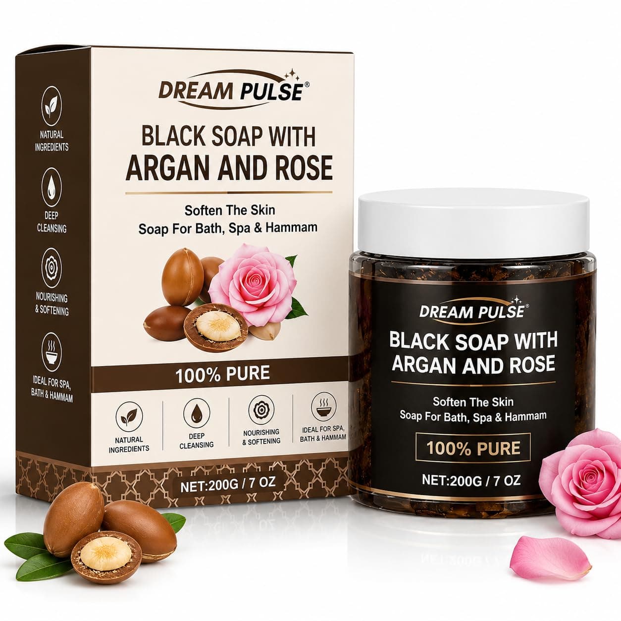 Moroccan Black Soap with Argan & Rose 200g – Natural Organic Body Scrub for Deep Cleansing, Exfoliating Hammam Soap, Dead Skin Remover, Spa Treatment for Soft & Glowing Skin