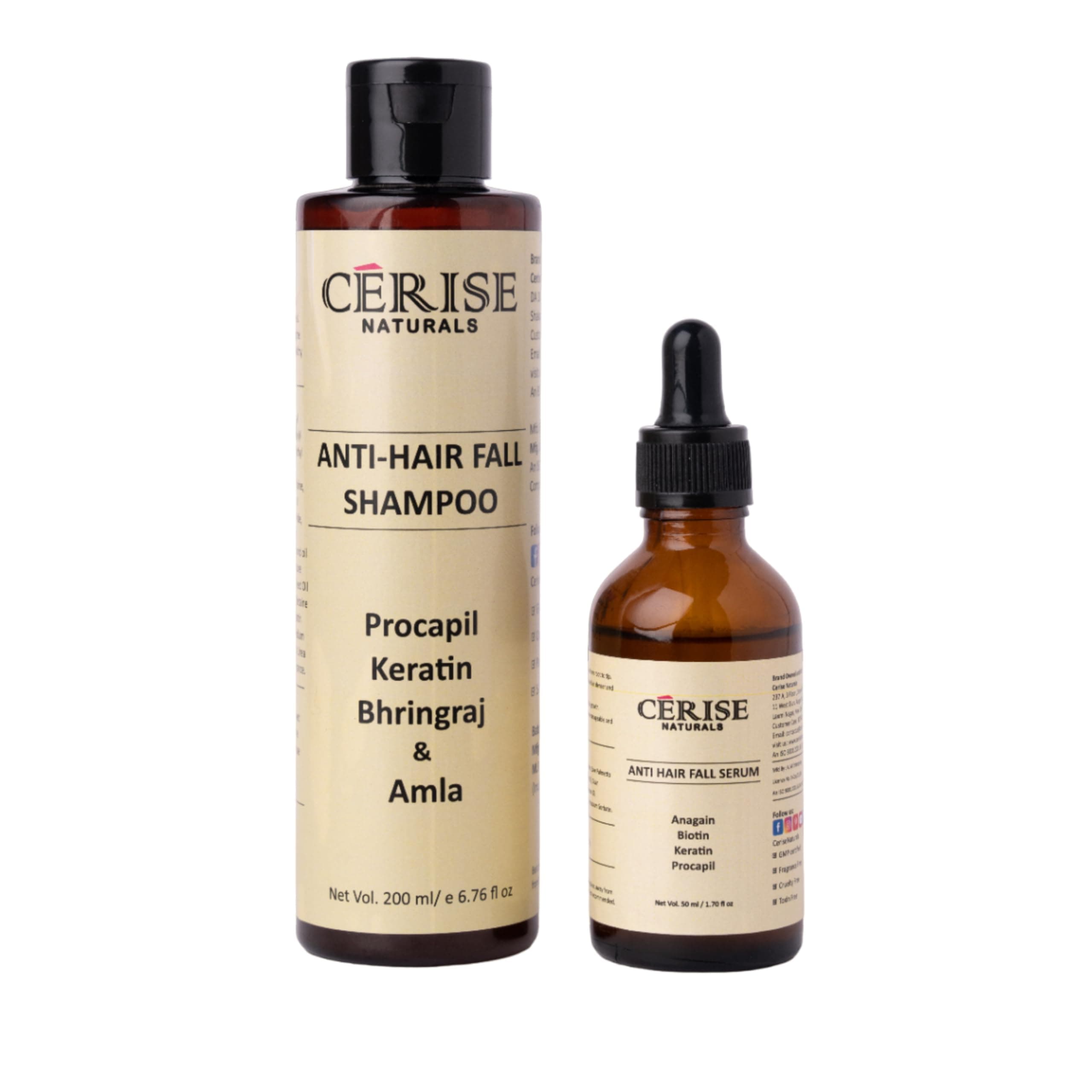 Cerise Naturals Anti Hair Fall Serum & Shampoo Combo | Strengthens Roots & Reduces Hair Fall | For Weak & Thinning Hair | 50ml Serum + 200ml Shampoo