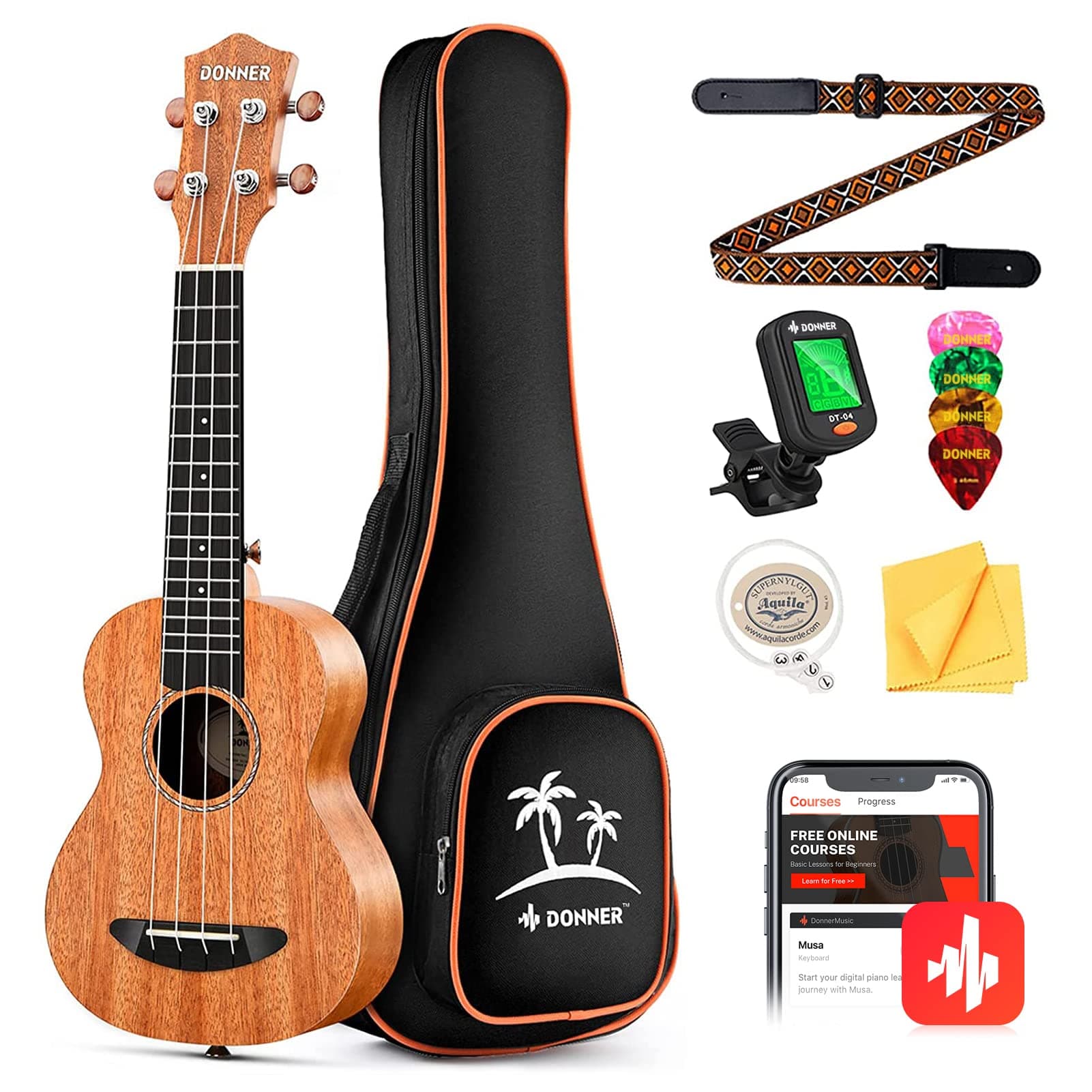 Donner Concert Ukulele Mahogany DUC-1 23 inch with Ukulele Set Strap Nylon String Tuner