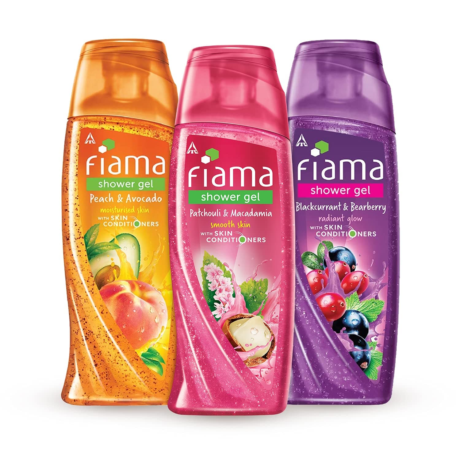 Fiama Shower Gel Peach & Avocado 250ml, Fiama Shower gel Blackcurrant & Bearberry 250ml, Fiama Shower Gel Patchouli & Macadamia 250ml combo of 3 bodywash, Celebration pack for moisturized skin, black