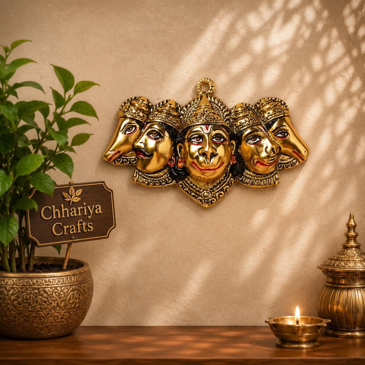 CHHARIYA CRAFTS Metal Panchmukhi Hanuman Ji Wall Hanging Idol for Home Temple, Wall Door Entrance Statue, Vastu Decorative Showpiece for Pooja Room, Living Room, Office, Housewarming & Festival Gift