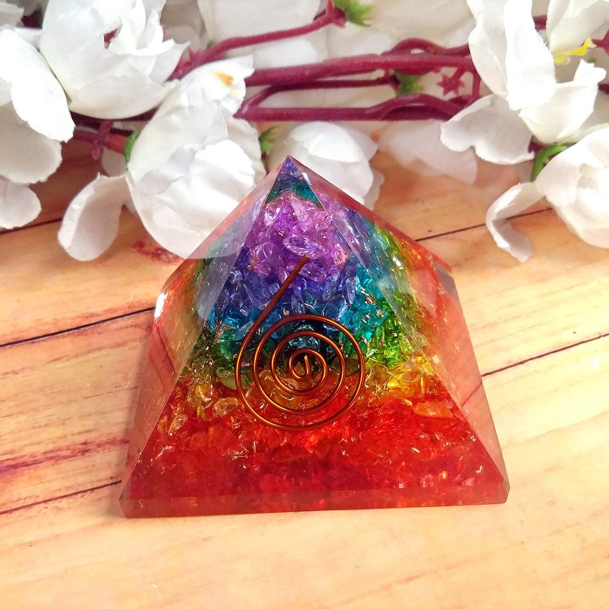 Reiki Crystal Products 7 Chakra Orgone Pyramid, Seven Chakra Multi Stone Orgonite Pyramid, for Reiki Healing, Good Luck and Positive Energy, Prosperity, Money, Aura Cleansing, Spiritual Size 50-60 mm