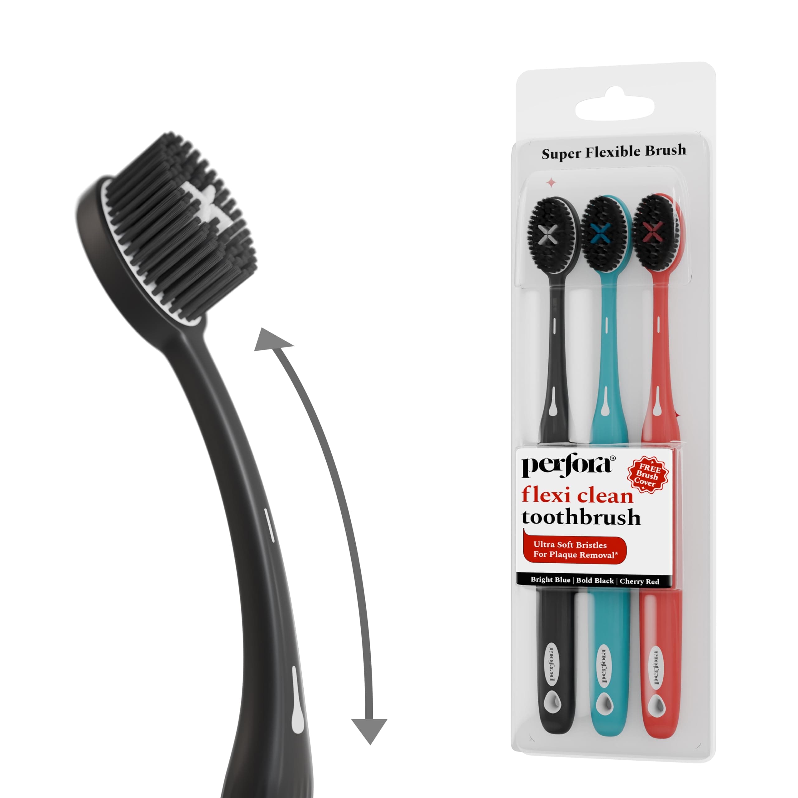 Perfora Flexi Toothbrush For Kids & Adults | With Charcoal Infused Bristles | Ulta Soft Bristles For Plaque Removal | Tooth Brush Set (Pack Of 3)